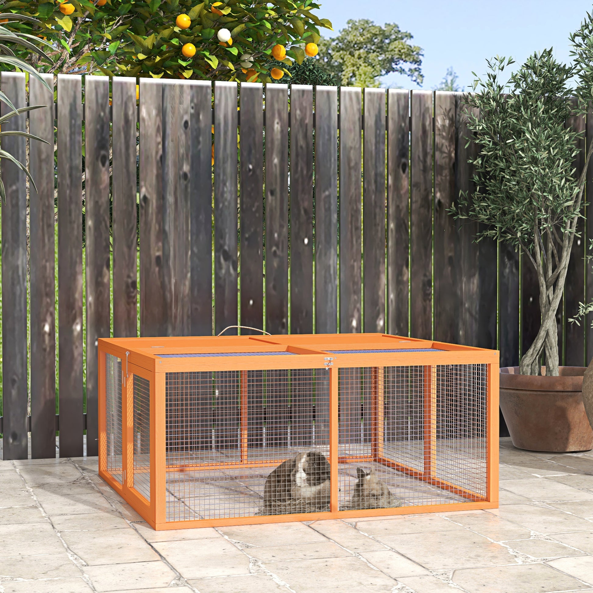 Folding Rabbit Hutch for 2-3 Rodents with Multiple Entries, Rabbit Cage in Wood and Steel, 110x105x50 cm, Orange