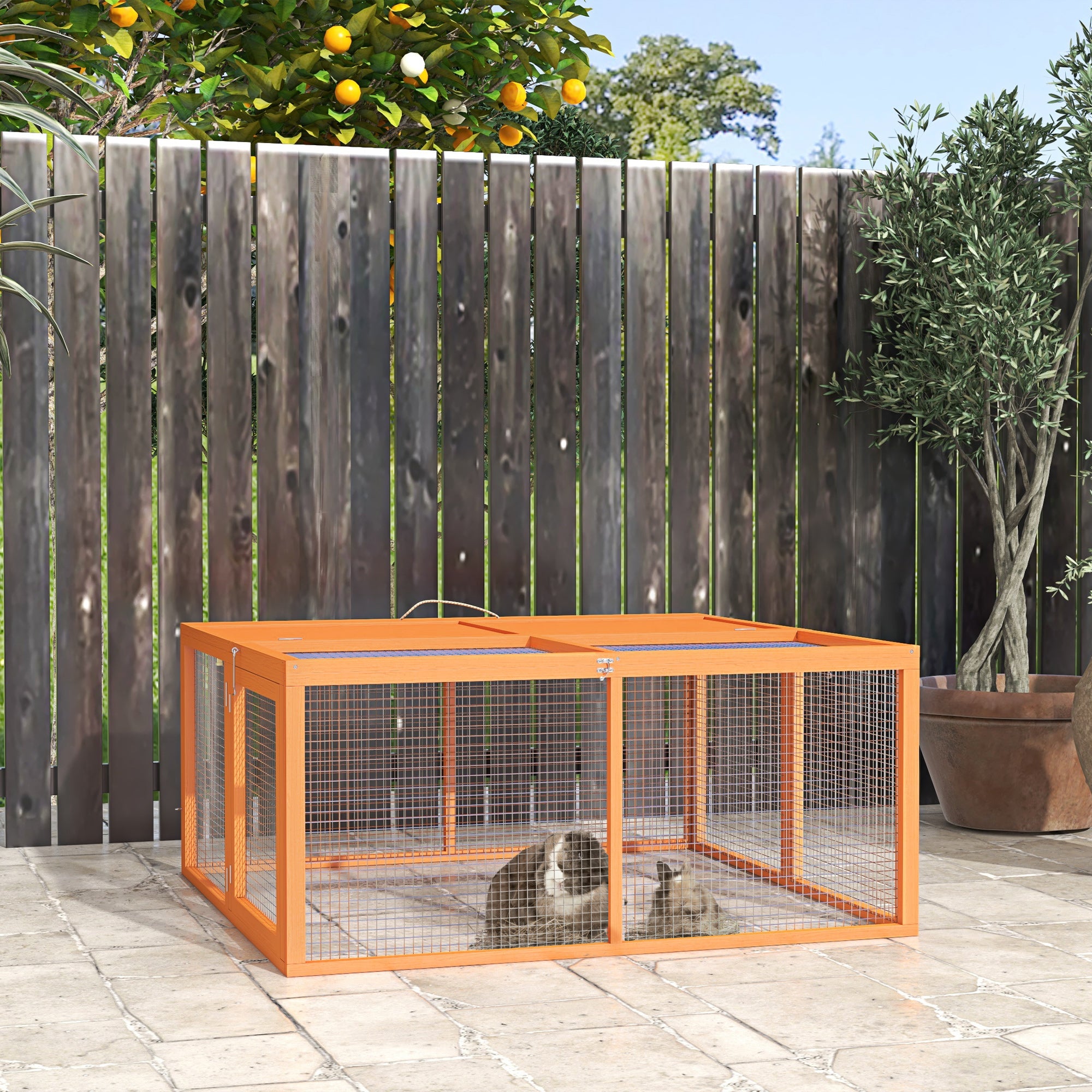 Folding Rabbit Hutch for 2-3 Rodents with Multiple Entries, Rabbit Cage in Wood and Steel, 110x105x50 cm, Orange