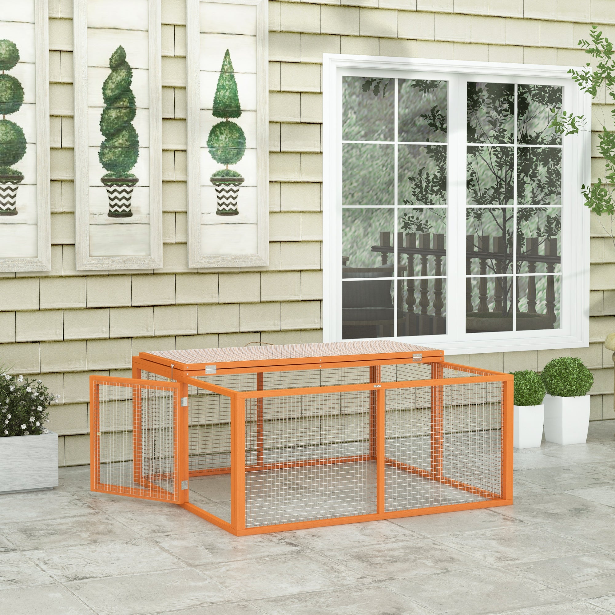 Folding Rabbit Hutch for 2-3 Rodents with Multiple Entries, Rabbit Cage in Wood and Steel, 110x105x50 cm, Orange