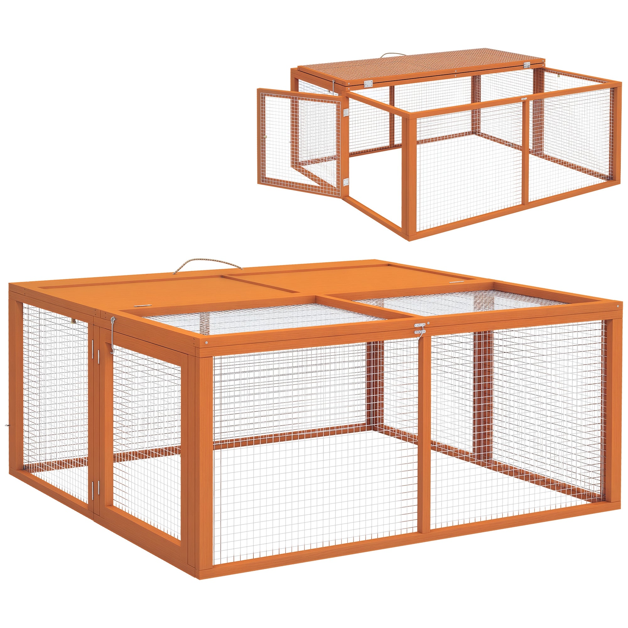 Folding Rabbit Hutch for 2-3 Rodents with Multiple Entries, Rabbit Cage in Wood and Steel, 110x105x50 cm, Orange