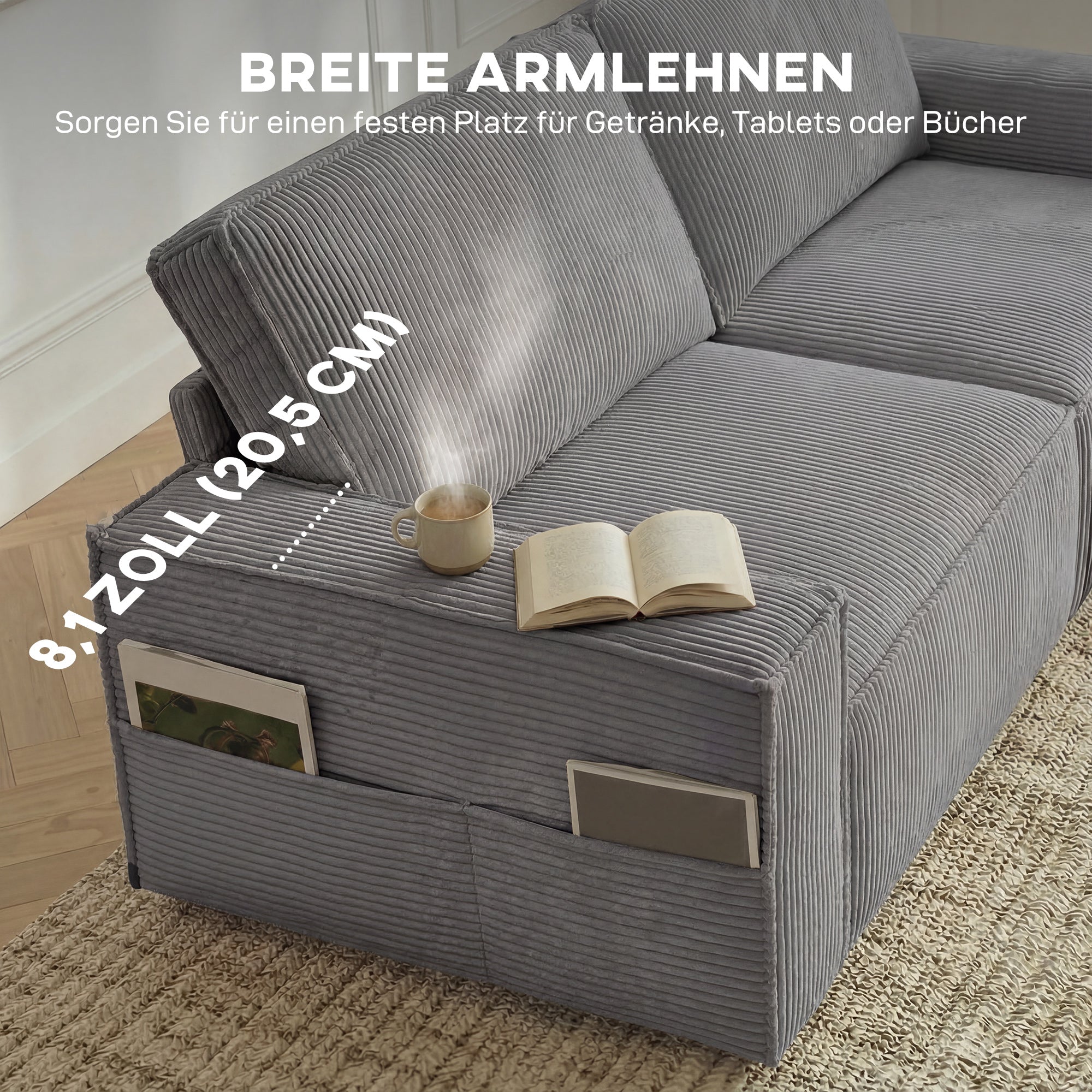 3-Seater Sofa, 86" Wide Couch with Wide Armrests, 2 Cushions, Comfortable Cord-Style Lounge Sofa, Padded Upholstered Sofa for Living Room/Bedroom, Light Gray