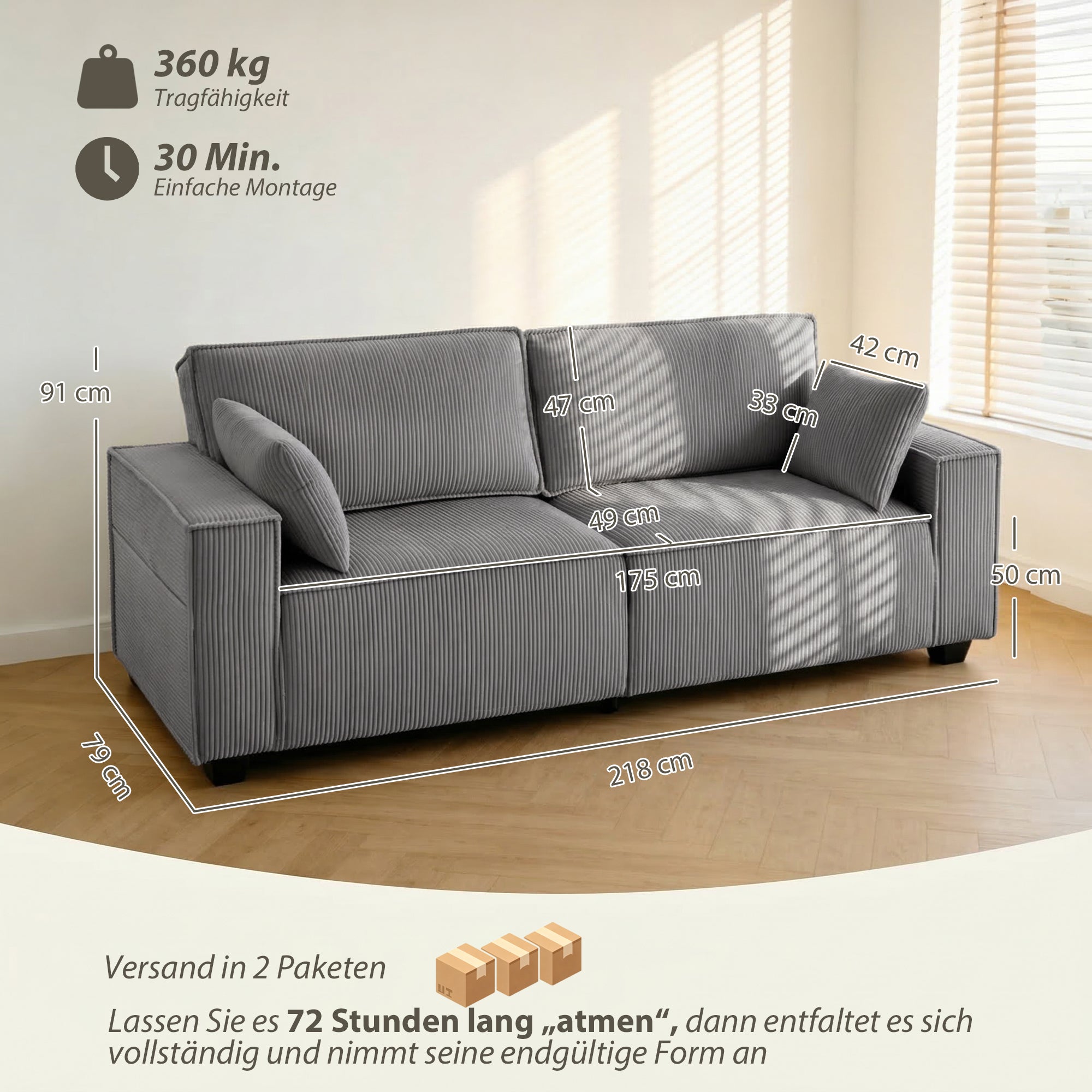 3-Seater Sofa, 86" Wide Couch with Wide Armrests, 2 Cushions, Comfortable Cord-Style Lounge Sofa, Padded Upholstered Sofa for Living Room/Bedroom, Light Gray