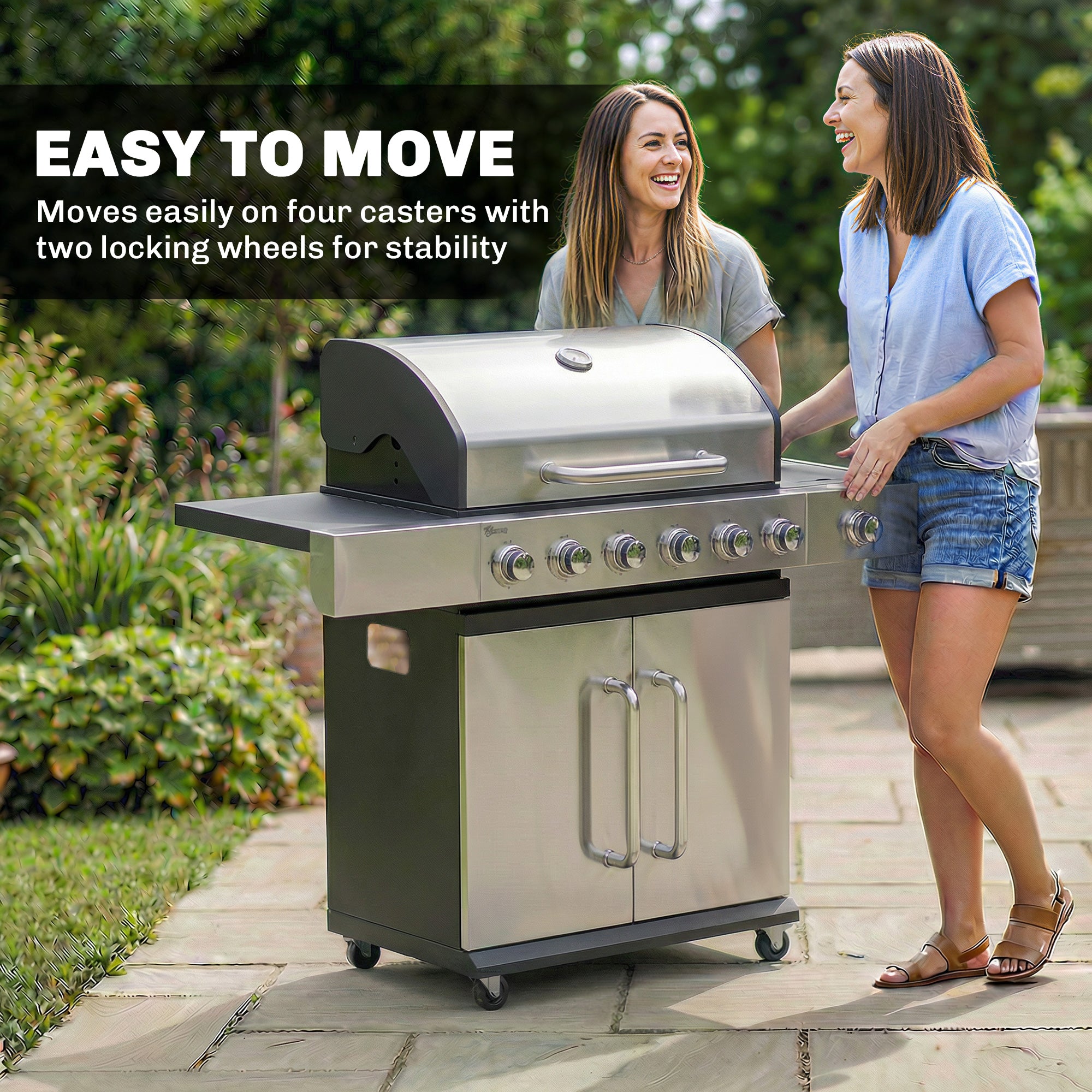 18.6 kW 6+1-Burner Stainless Steel Gas Grill Cart — Side Burner, Thermometer, Cast-Iron Grates, Warming Rack & Cabinet