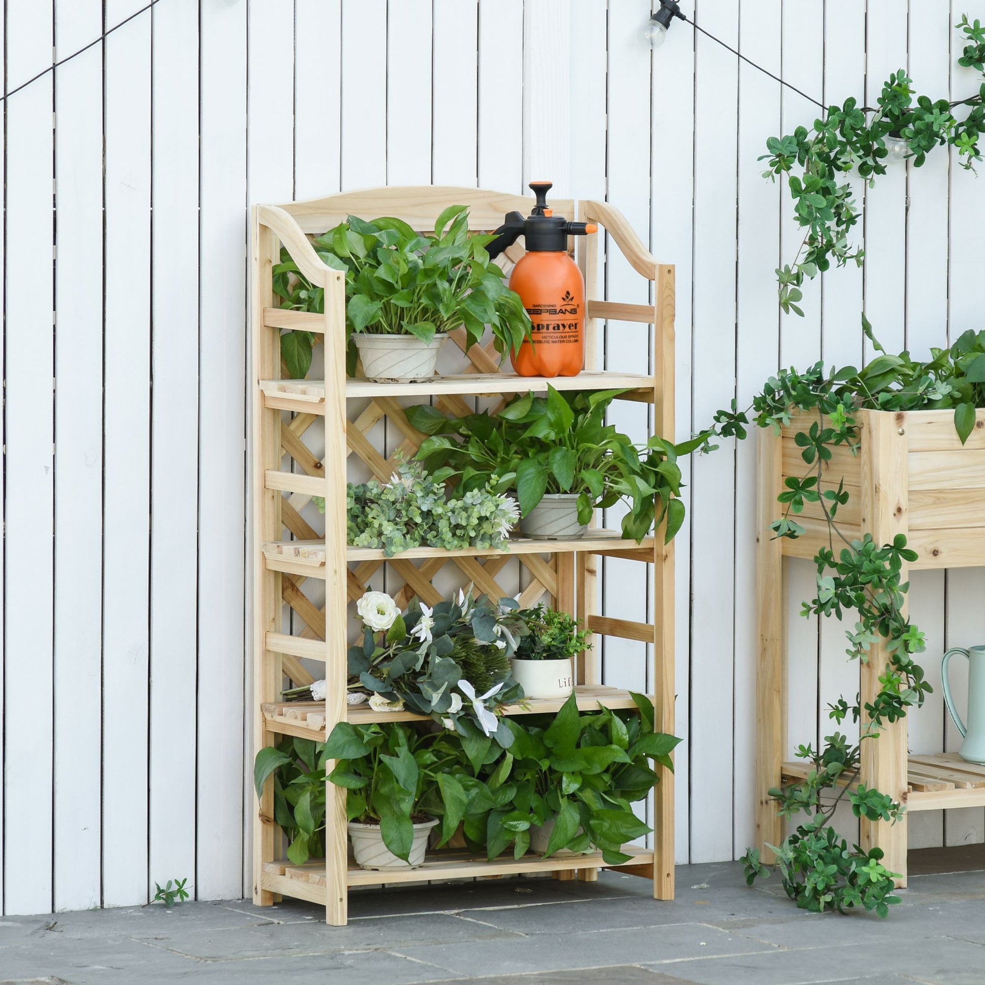 Outdoor Plant Stand, Folding Balcony Flower Pot Stand with 4 Adjustable Shelves, Garden and Home Decor in Wood, 67x33x123cm