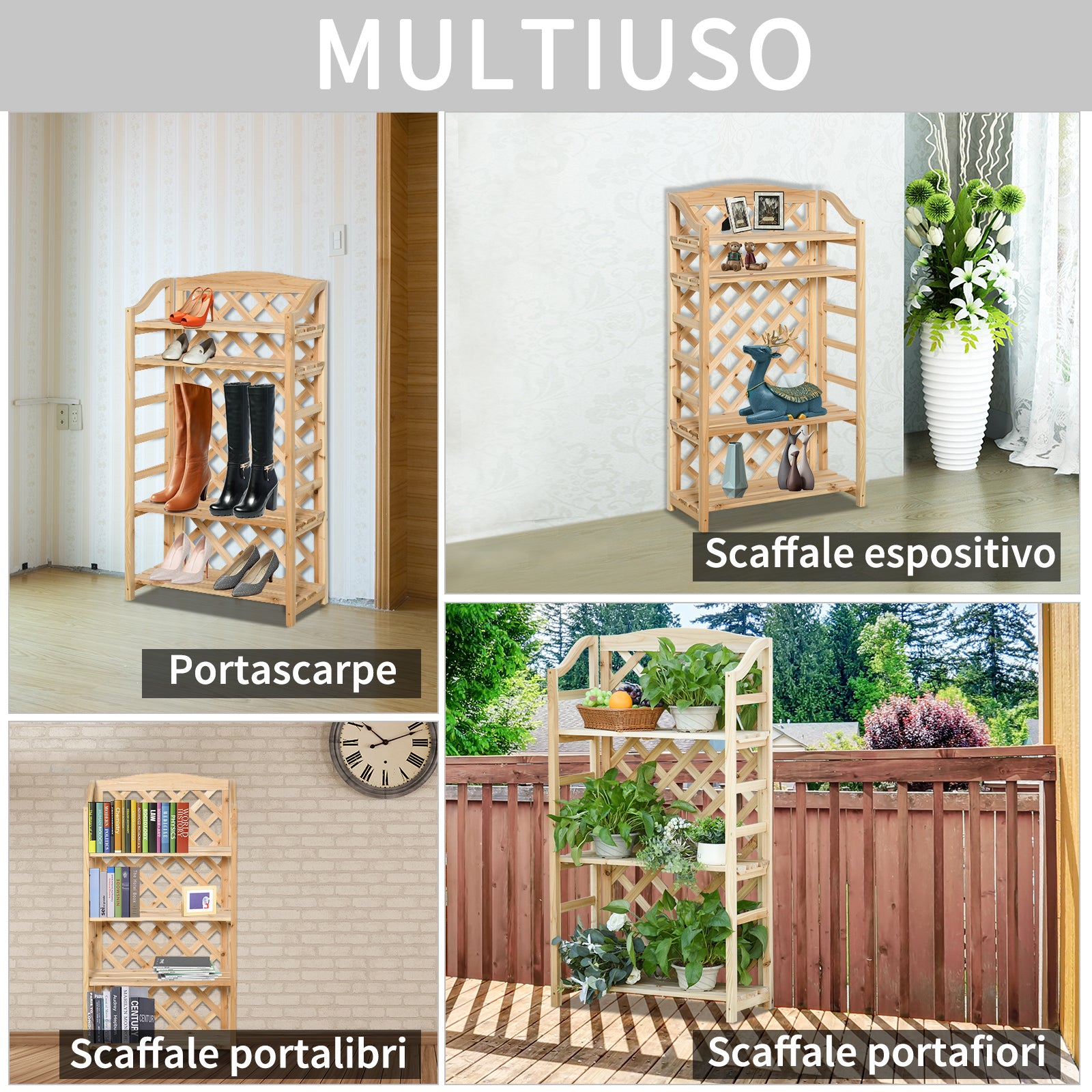 Outdoor Plant Stand, Folding Balcony Flower Pot Stand with 4 Adjustable Shelves, Garden and Home Decor in Wood, 67x33x123cm
