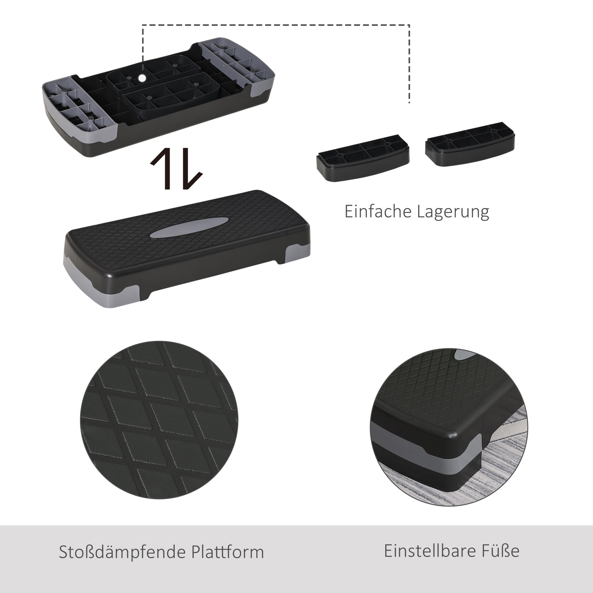Aerobic Fitness Step Board Home Trainer Stepper 2-step height adjustable (10/15 cm) suitable for home and office use Black+Gray 68 x 29 x 15 cm