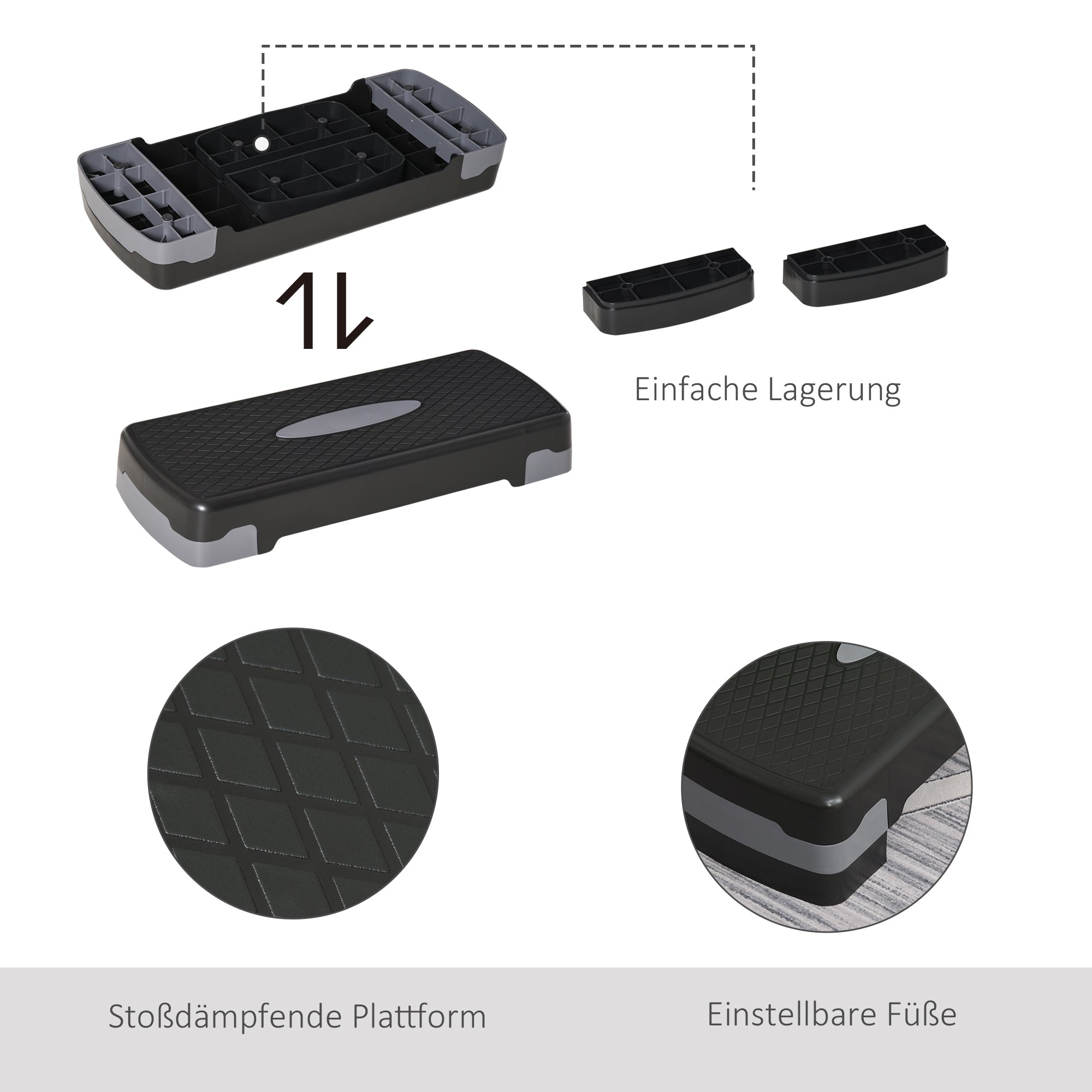 Aerobic Fitness Step Board Home Trainer Stepper 2-step height adjustable (10/15 cm) suitable for home and office use Black+Gray 68 x 29 x 15 cm