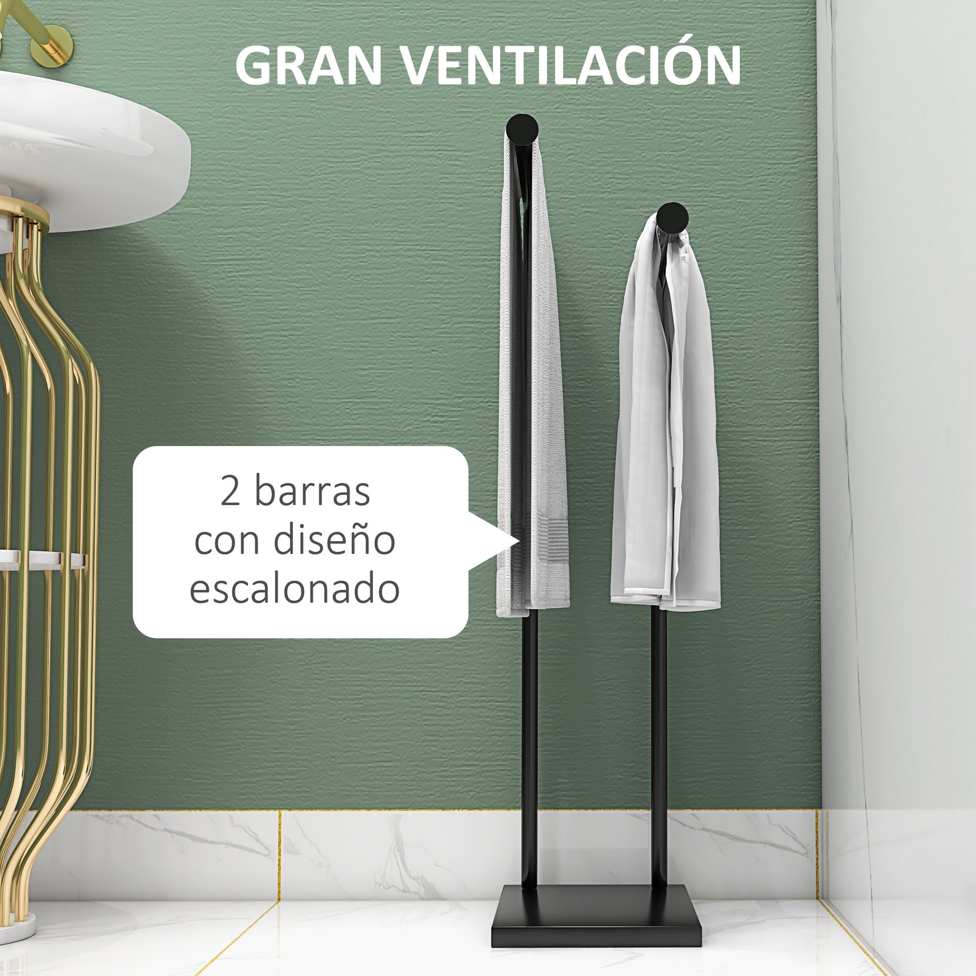 2-Tier Freestanding Towel Rack Ladder Bathroom Towel Rack with 2 Bars and Metal Frame Modern Style L Shape 35.5x20x78 cm Black