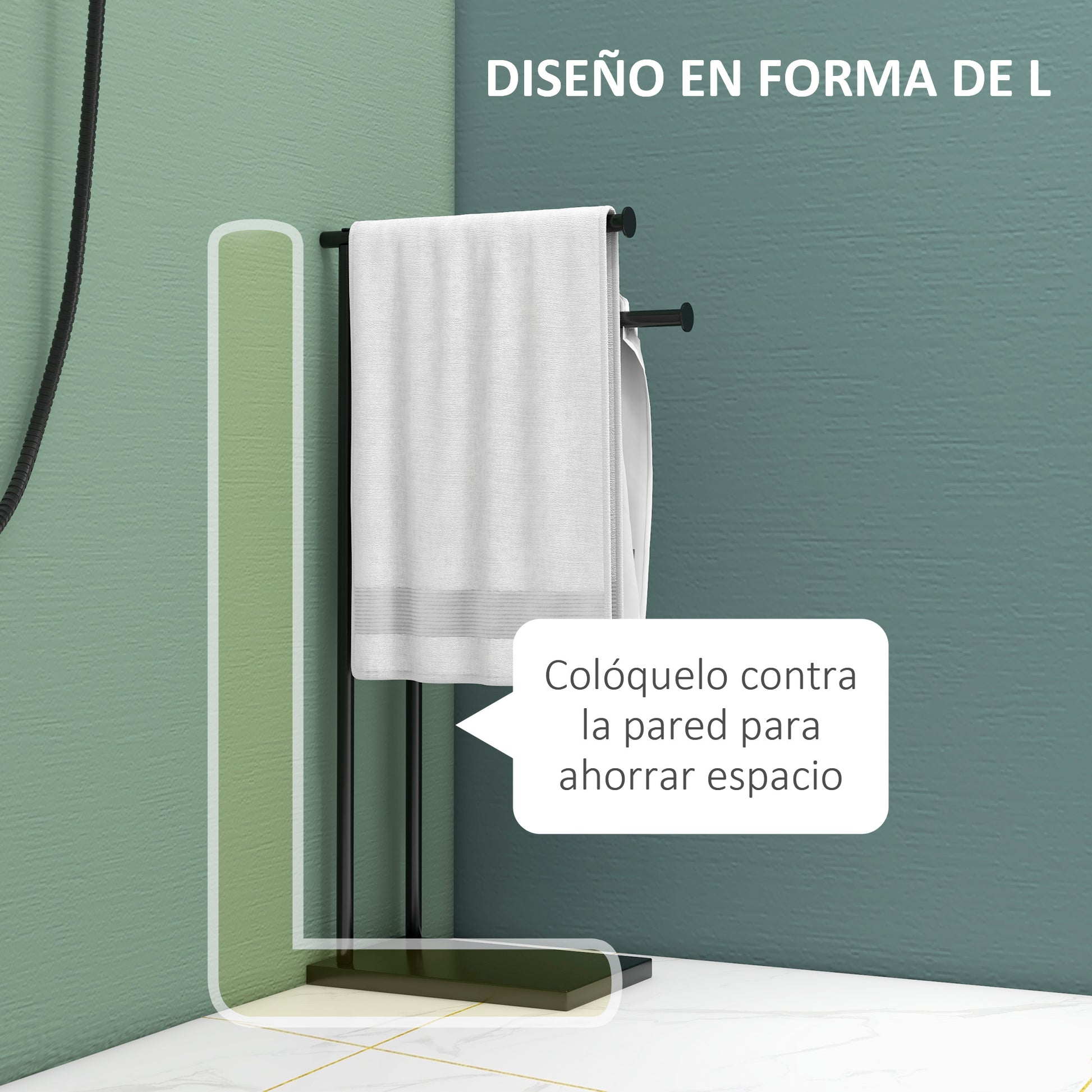 2-Tier Freestanding Towel Rack Ladder Bathroom Towel Rack with 2 Bars and Metal Frame Modern Style L Shape 35.5x20x78 cm Black