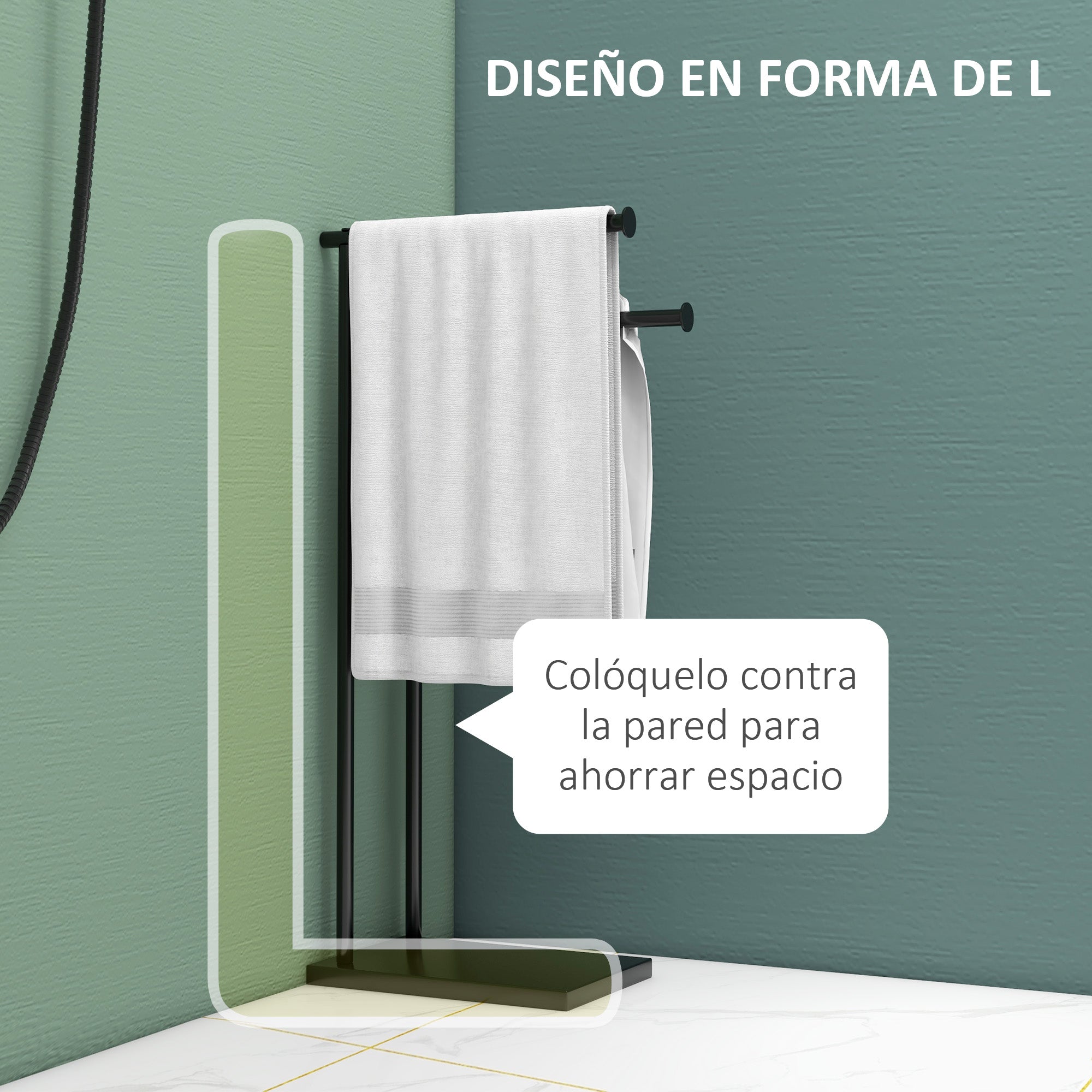 2-Tier Freestanding Towel Rack Ladder Bathroom Towel Rack with 2 Bars and Metal Frame Modern Style L Shape 35.5x20x78 cm Black