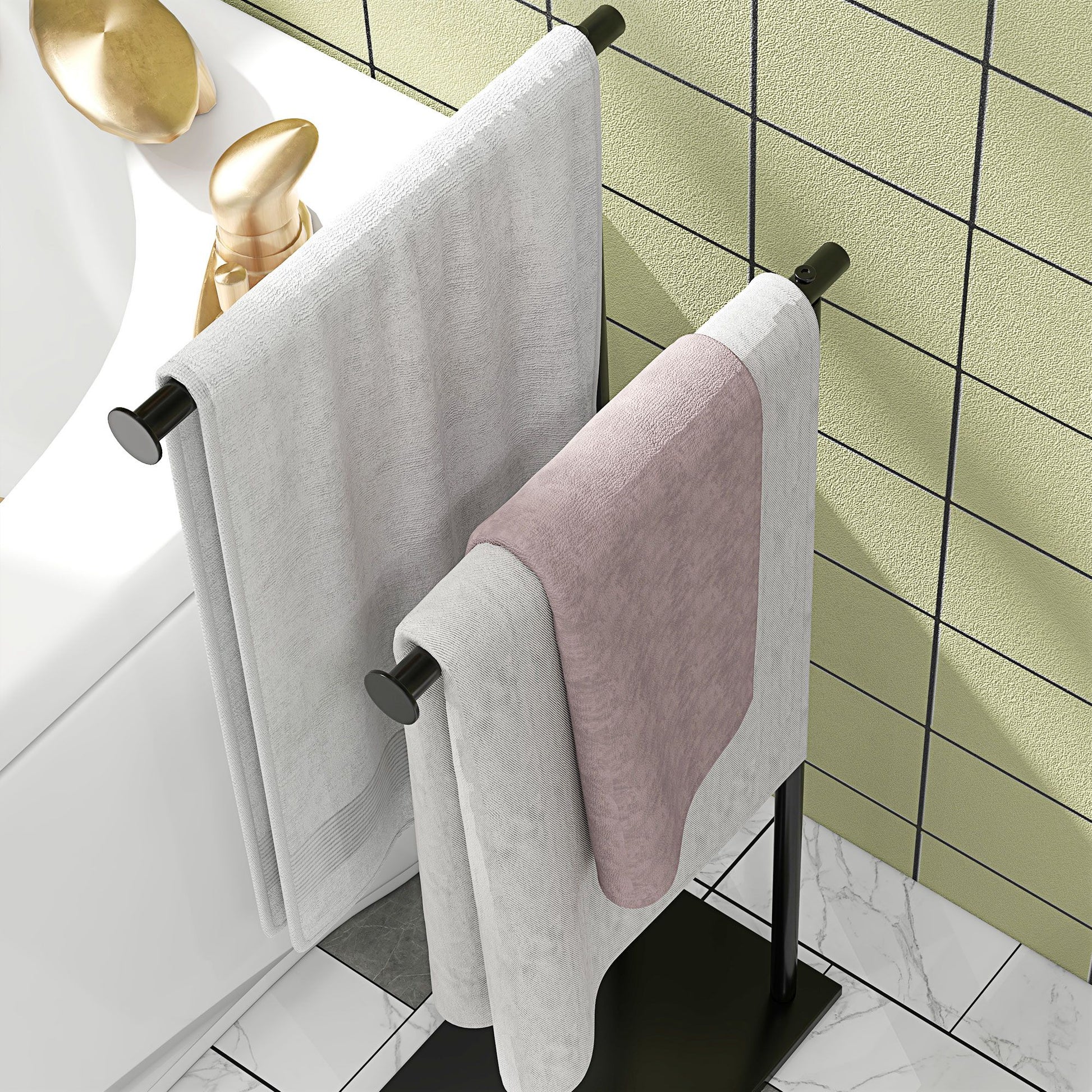 2-Tier Freestanding Towel Rack Ladder Bathroom Towel Rack with 2 Bars and Metal Frame Modern Style L Shape 35.5x20x78 cm Black