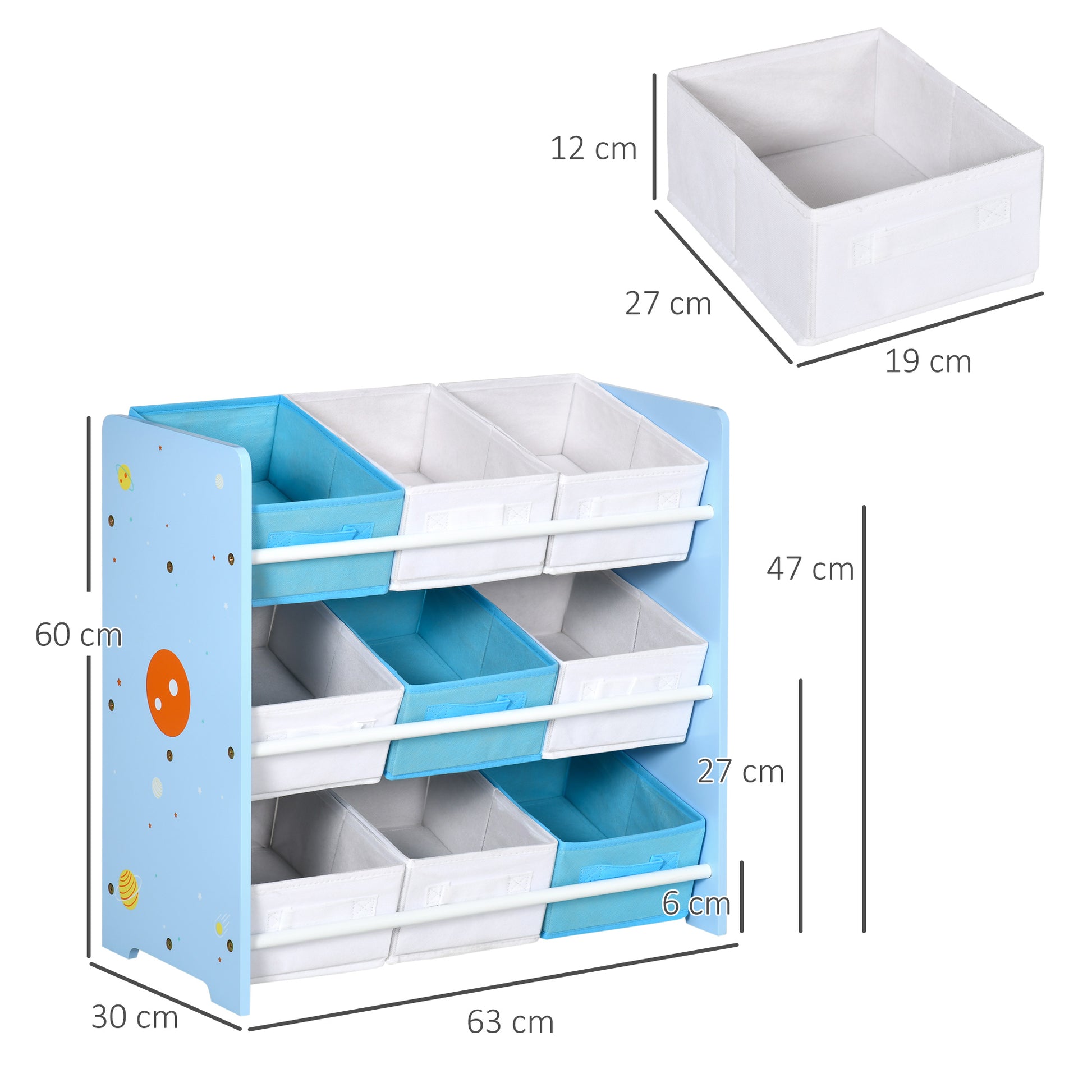 ZONEKIZ Toy Storage Cabinet with 9 Removable Baskets, Wooden MDF and Fabric Toy Box, 63x30x60cm, Blue