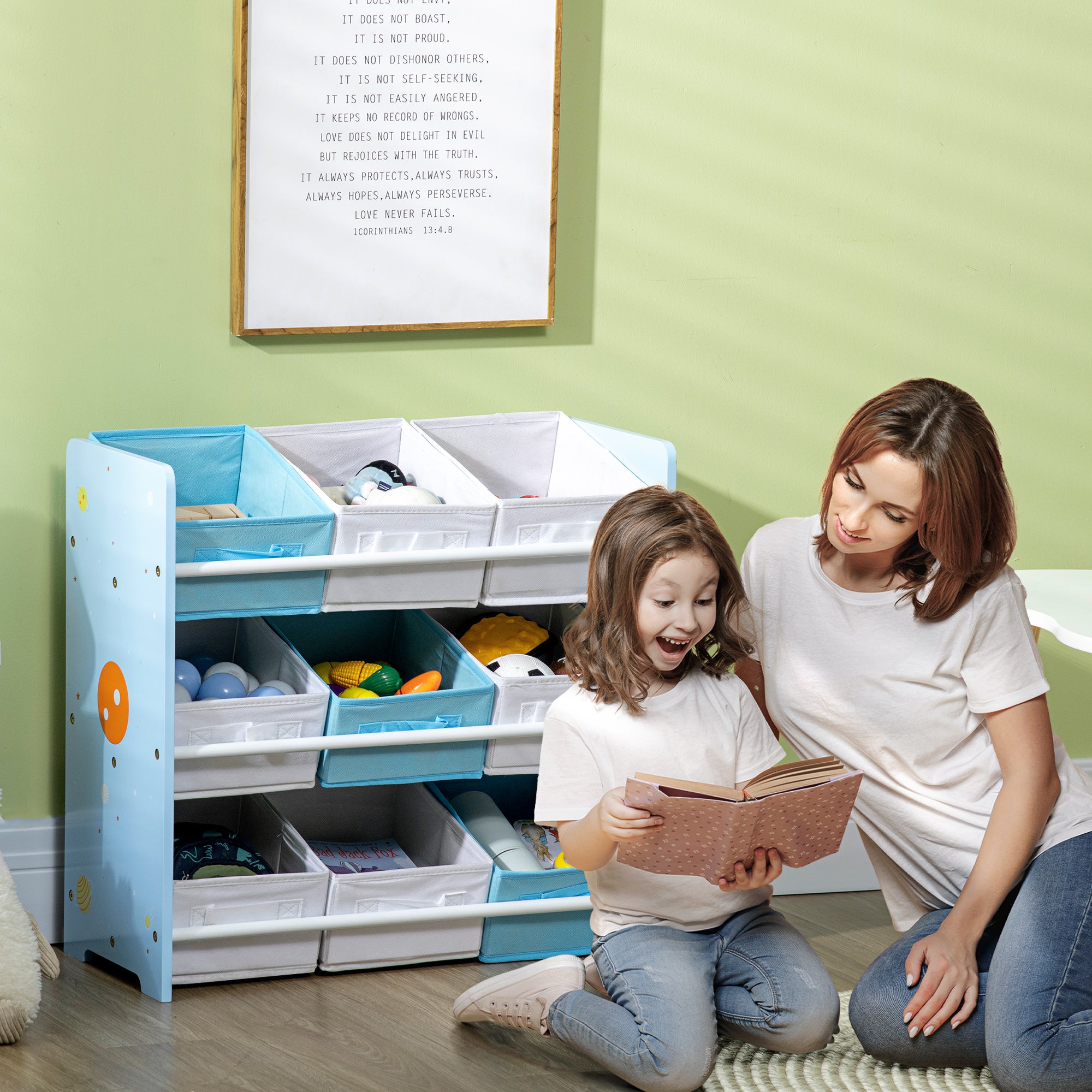 ZONEKIZ Toy Storage Cabinet with 9 Removable Baskets, Wooden MDF and Fabric Toy Box, 63x30x60cm, Blue