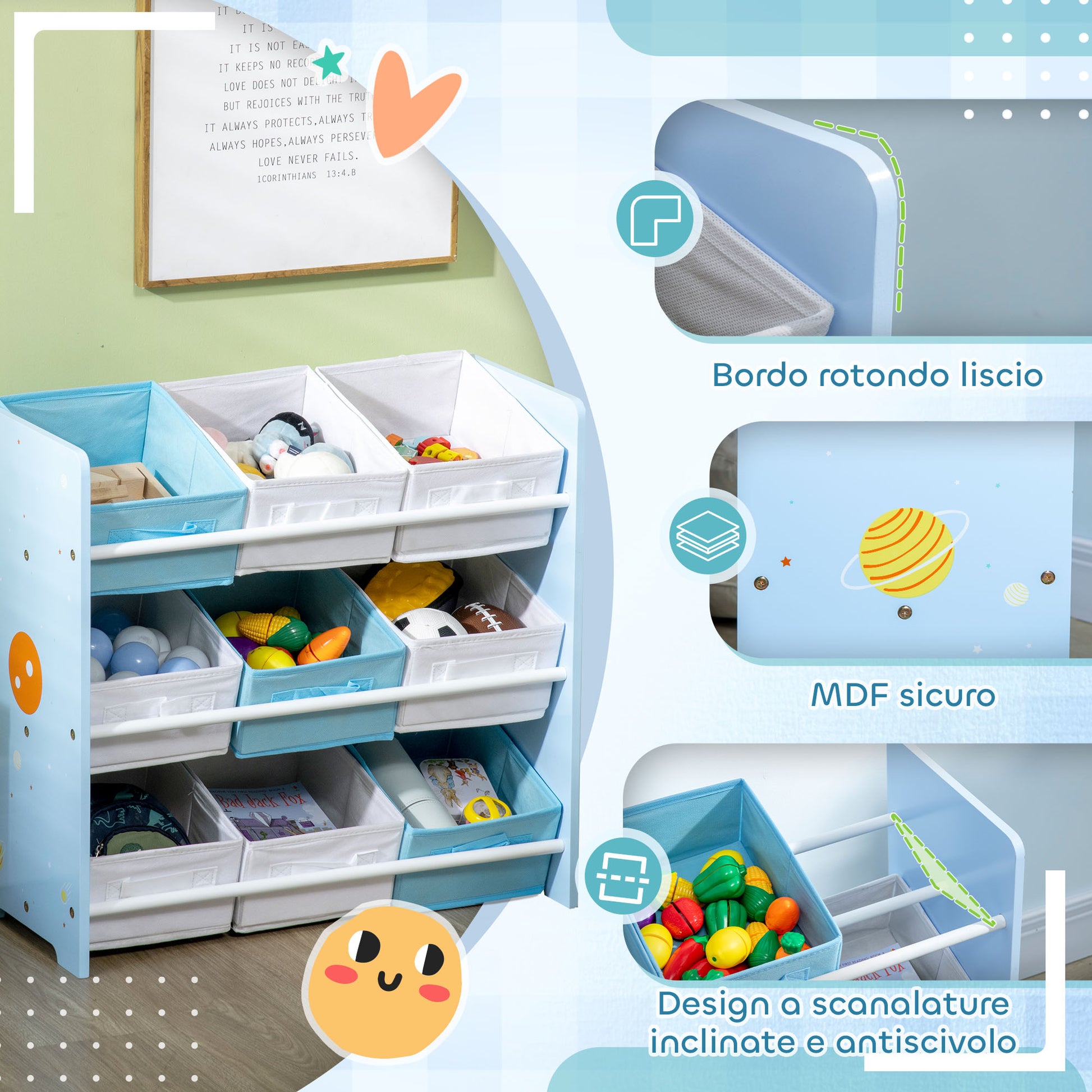 ZONEKIZ Toy Storage Cabinet with 9 Removable Baskets, Wooden MDF and Fabric Toy Box, 63x30x60cm, Blue