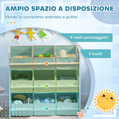 ZONEKIZ Toy Storage Cabinet with 9 Removable Baskets, Wooden MDF and Fabric Toy Box, 63x30x60cm, Blue