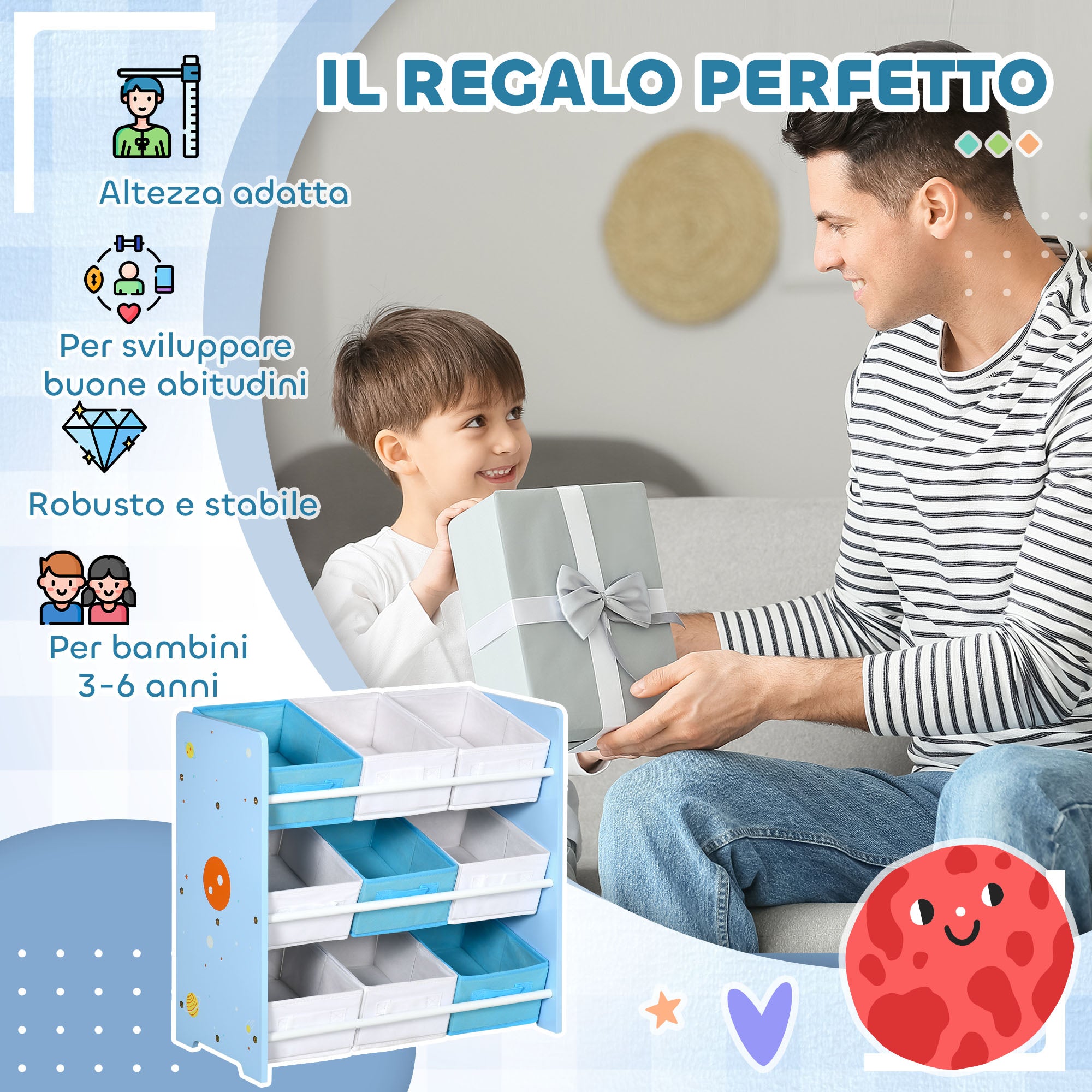 ZONEKIZ Toy Storage Cabinet with 9 Removable Baskets, Wooden MDF and Fabric Toy Box, 63x30x60cm, Blue