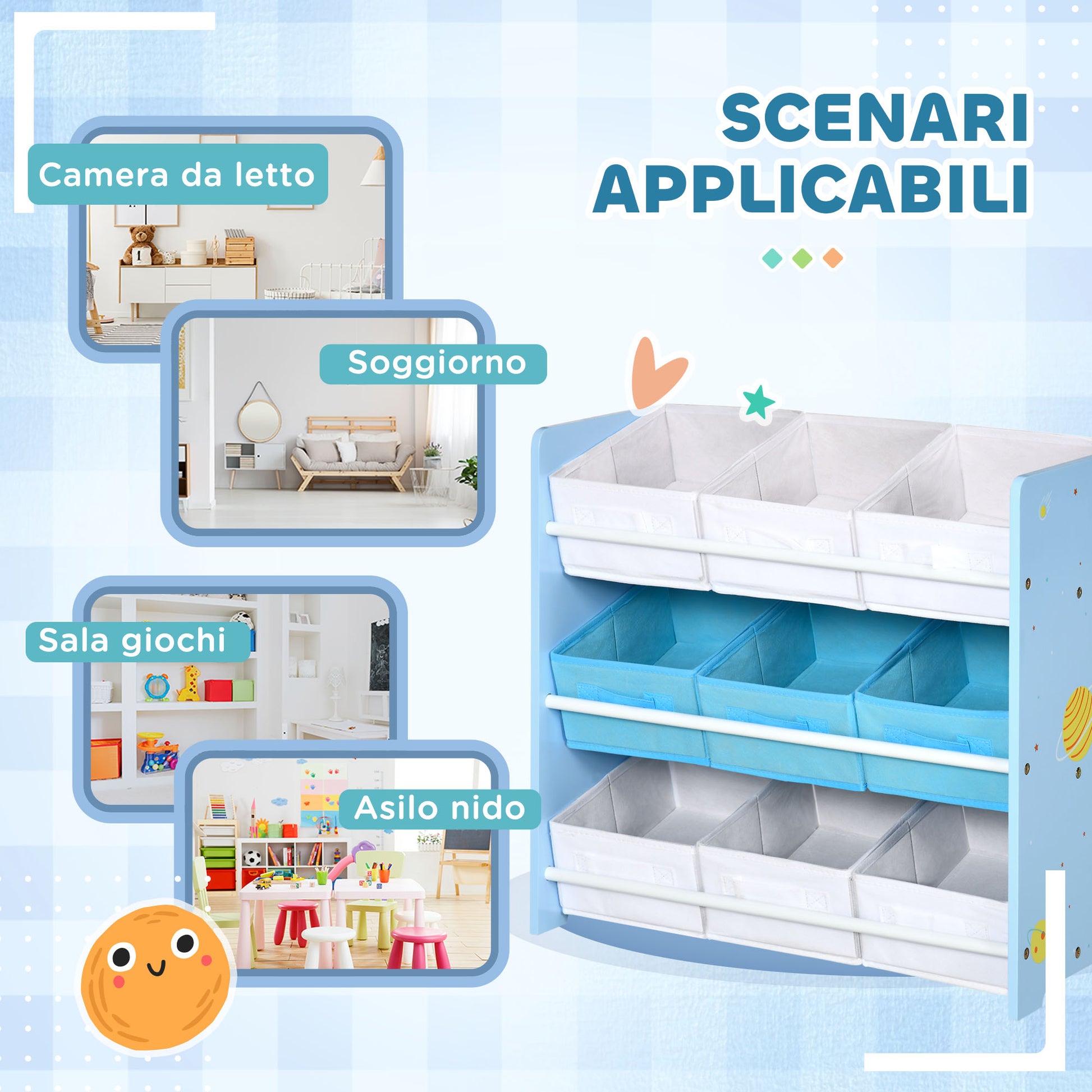 ZONEKIZ Toy Storage Cabinet with 9 Removable Baskets, Wooden MDF and Fabric Toy Box, 63x30x60cm, Blue