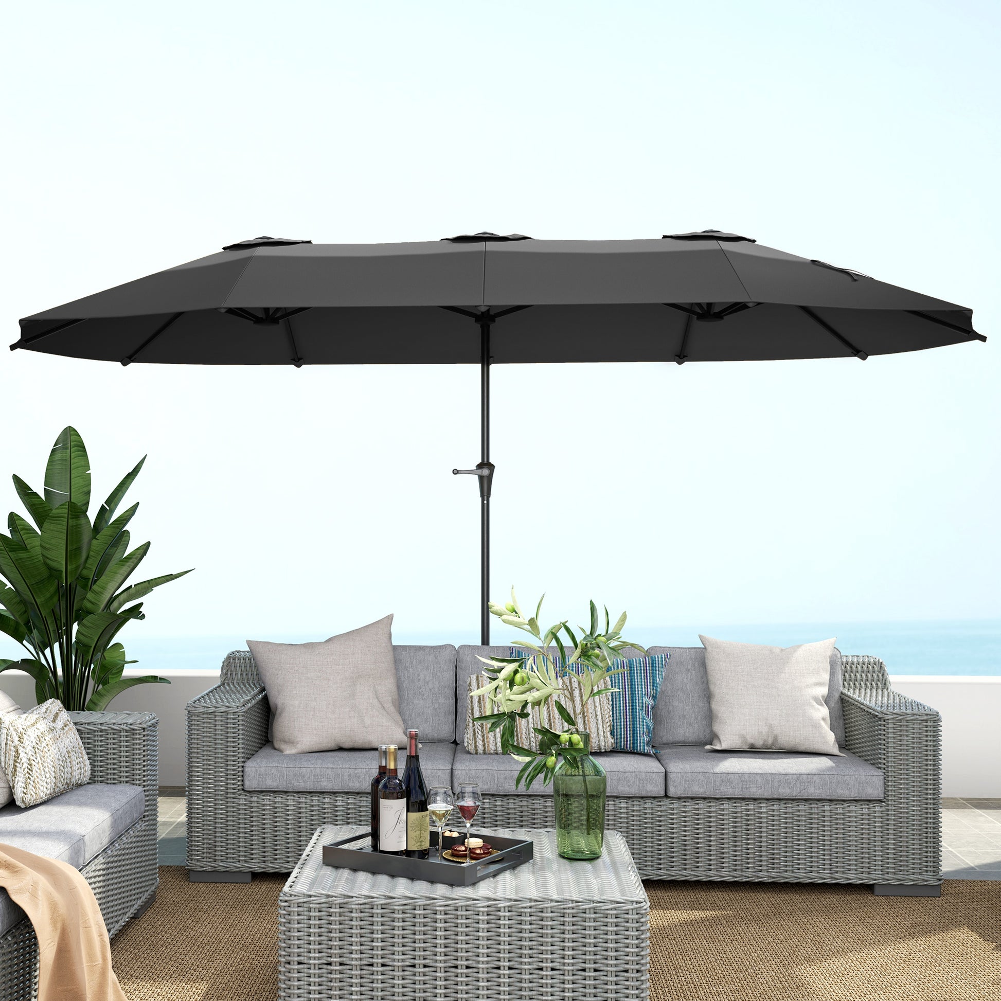 Double Umbrella 4x2.2 m Outdoor Terrace Umbrella with Manual Crank Waterproof and UV30+ Protection Large Parasol for Terrace Beach Pool Dark Gray