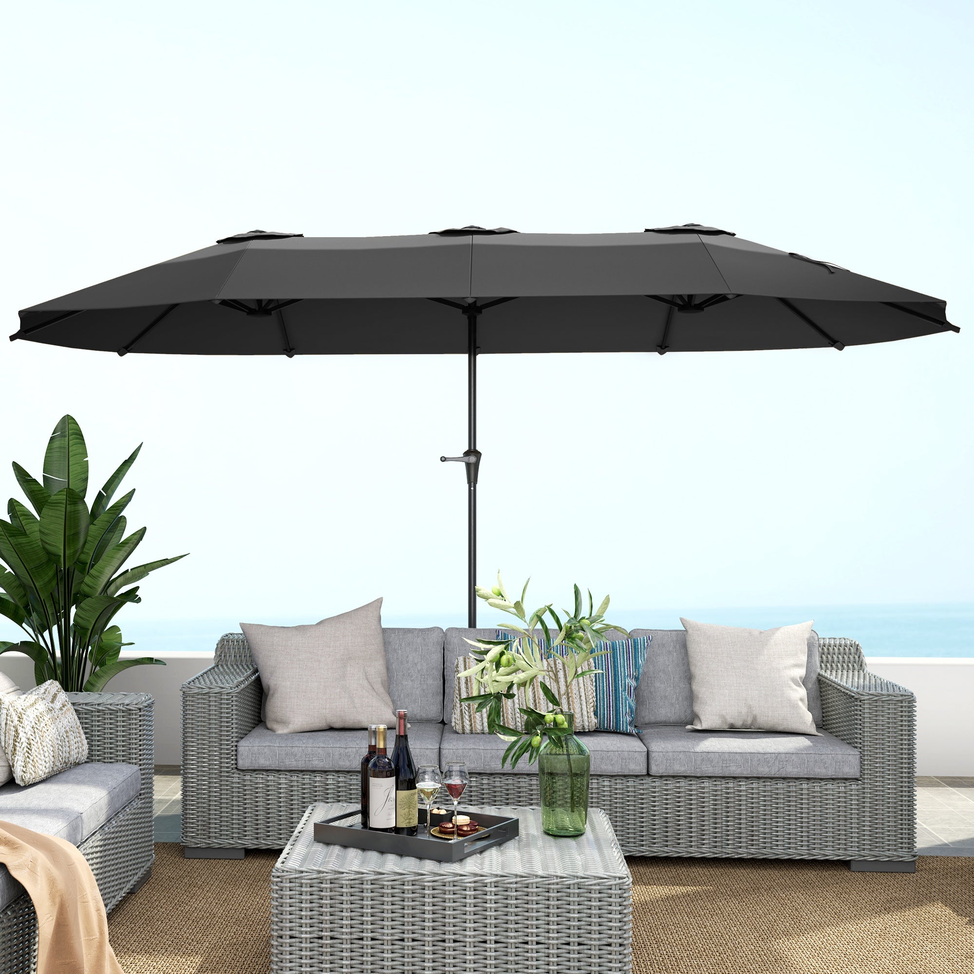 Double Umbrella 4x2.2 m Outdoor Terrace Umbrella with Manual Crank Waterproof and UV30+ Protection Large Parasol for Terrace Beach Pool Dark Gray