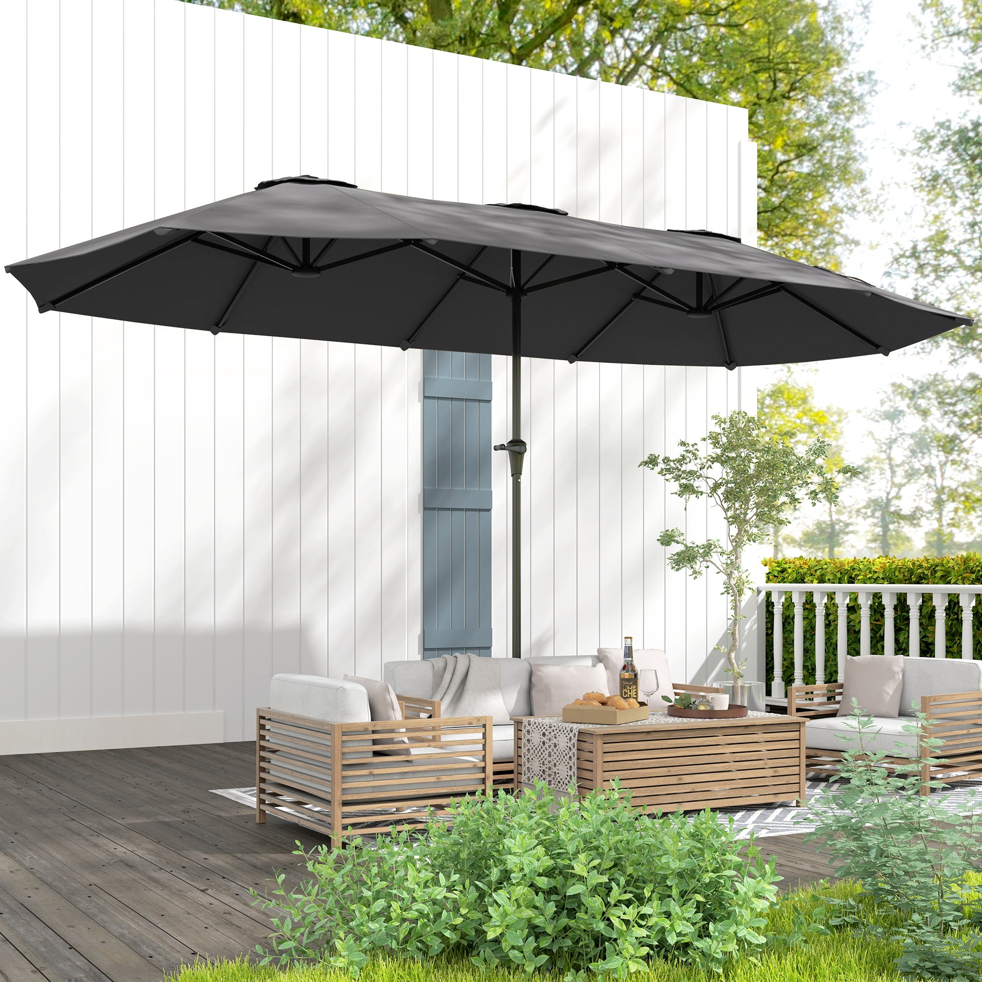 Double Umbrella 4x2.2 m Outdoor Terrace Umbrella with Manual Crank Waterproof and UV30+ Protection Large Parasol for Terrace Beach Pool Dark Gray