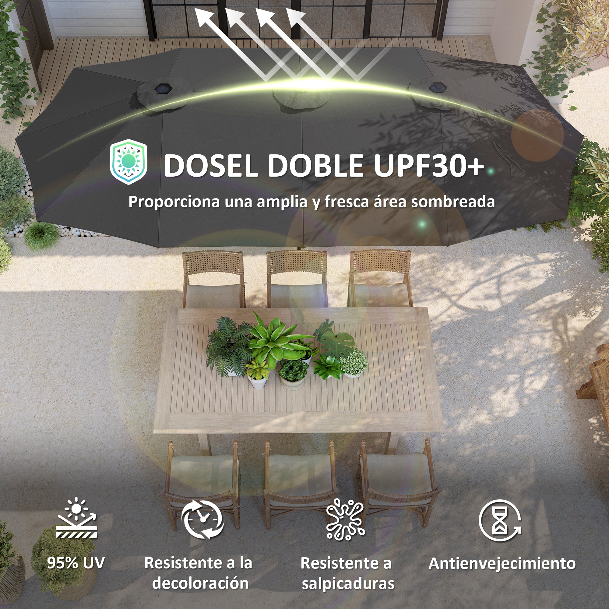 Double Umbrella 4x2.2 m Outdoor Terrace Umbrella with Manual Crank Waterproof and UV30+ Protection Large Parasol for Terrace Beach Pool Dark Gray