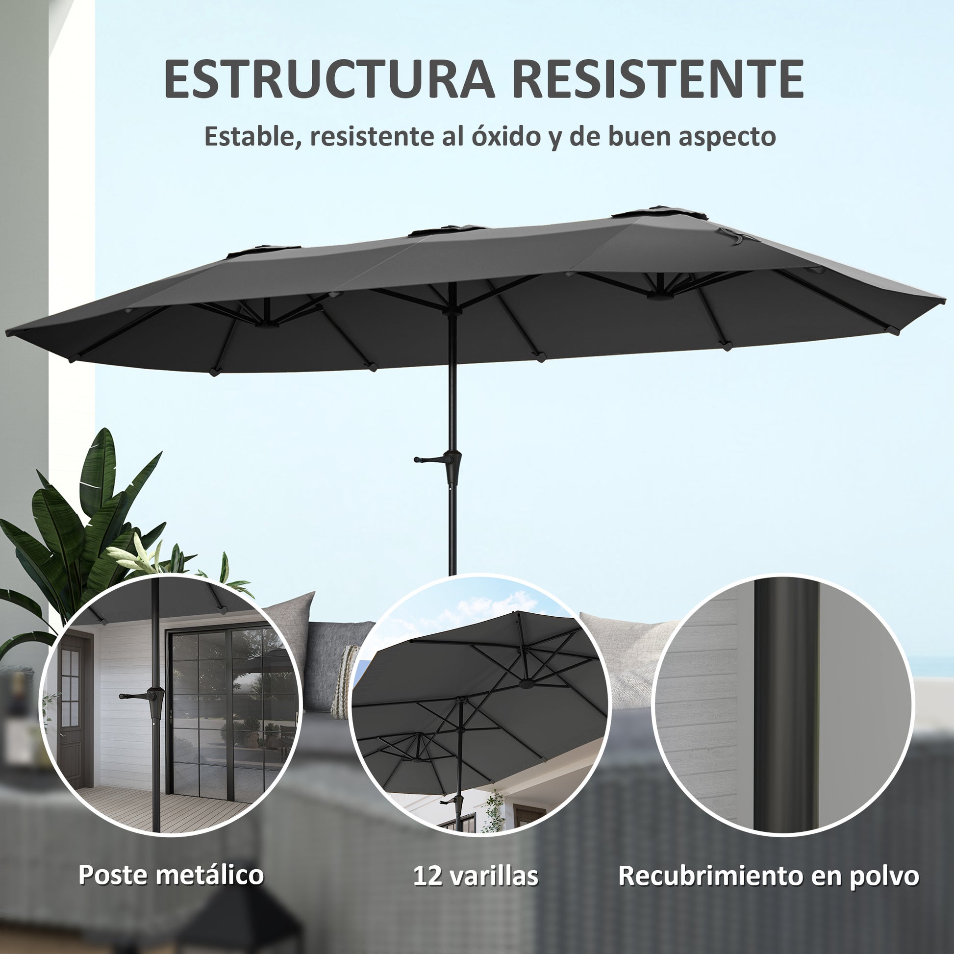 Double Umbrella 4x2.2 m Outdoor Terrace Umbrella with Manual Crank Waterproof and UV30+ Protection Large Parasol for Terrace Beach Pool Dark Gray
