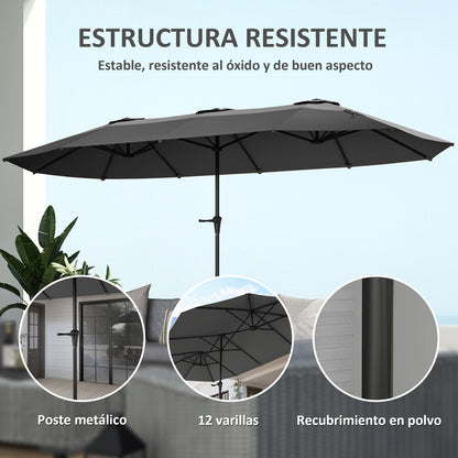 Double Umbrella 4x2.2 m Outdoor Terrace Umbrella with Manual Crank Waterproof and UV30+ Protection Large Parasol for Terrace Beach Pool Dark Gray