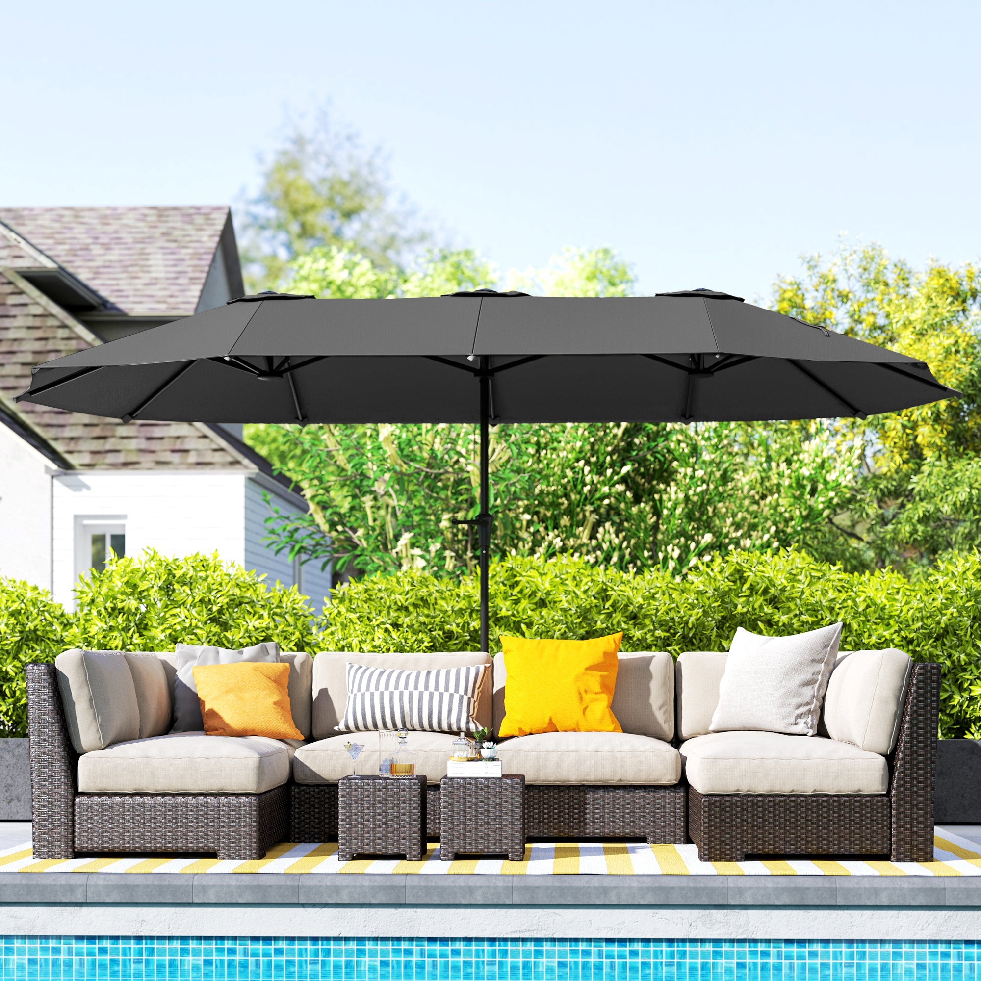 Double Umbrella 4x2.2 m Outdoor Terrace Umbrella with Manual Crank Waterproof and UV30+ Protection Large Parasol for Terrace Beach Pool Dark Gray
