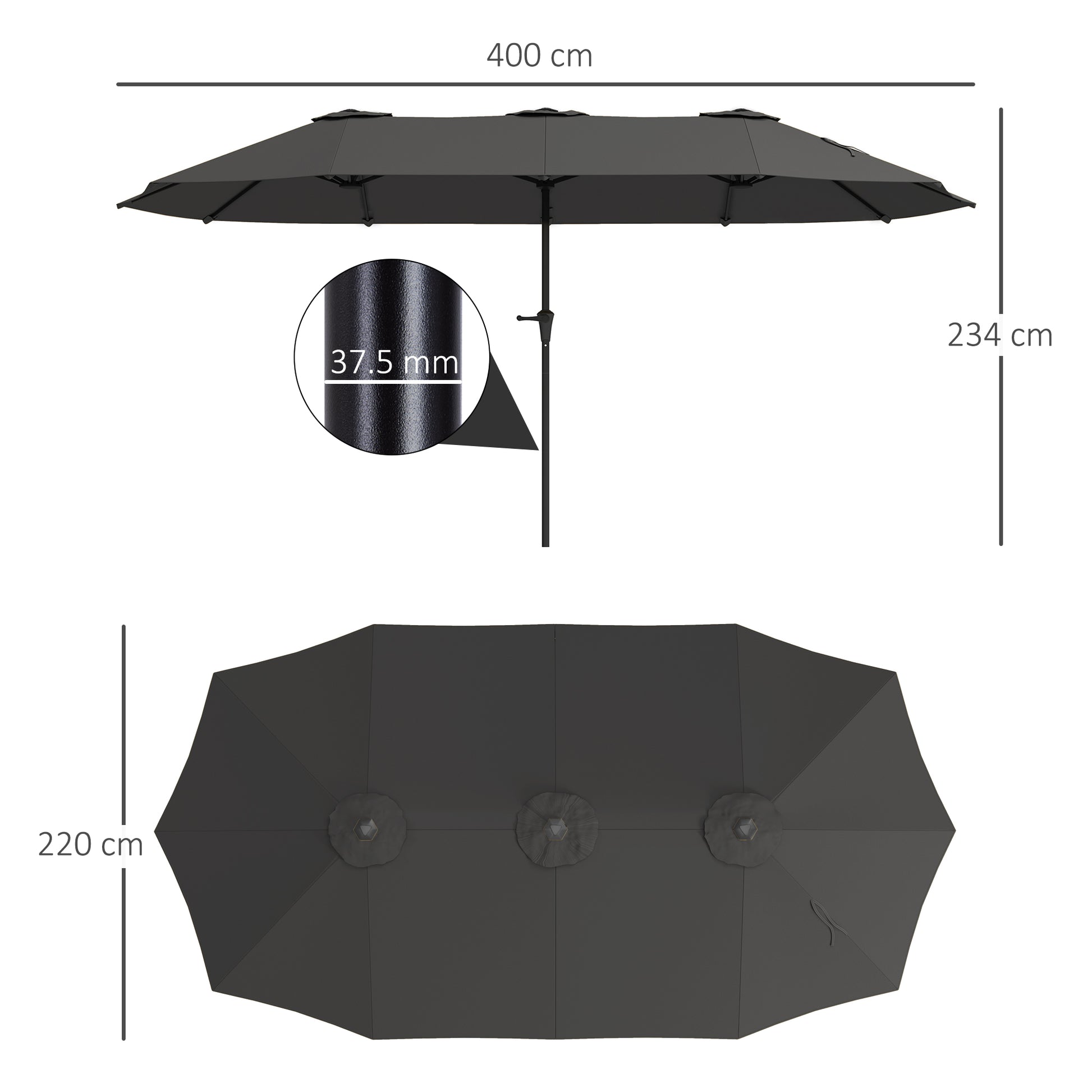 Double Umbrella 4x2.2 m Outdoor Terrace Umbrella with Manual Crank Waterproof and UV30+ Protection Large Parasol for Terrace Beach Pool Dark Gray