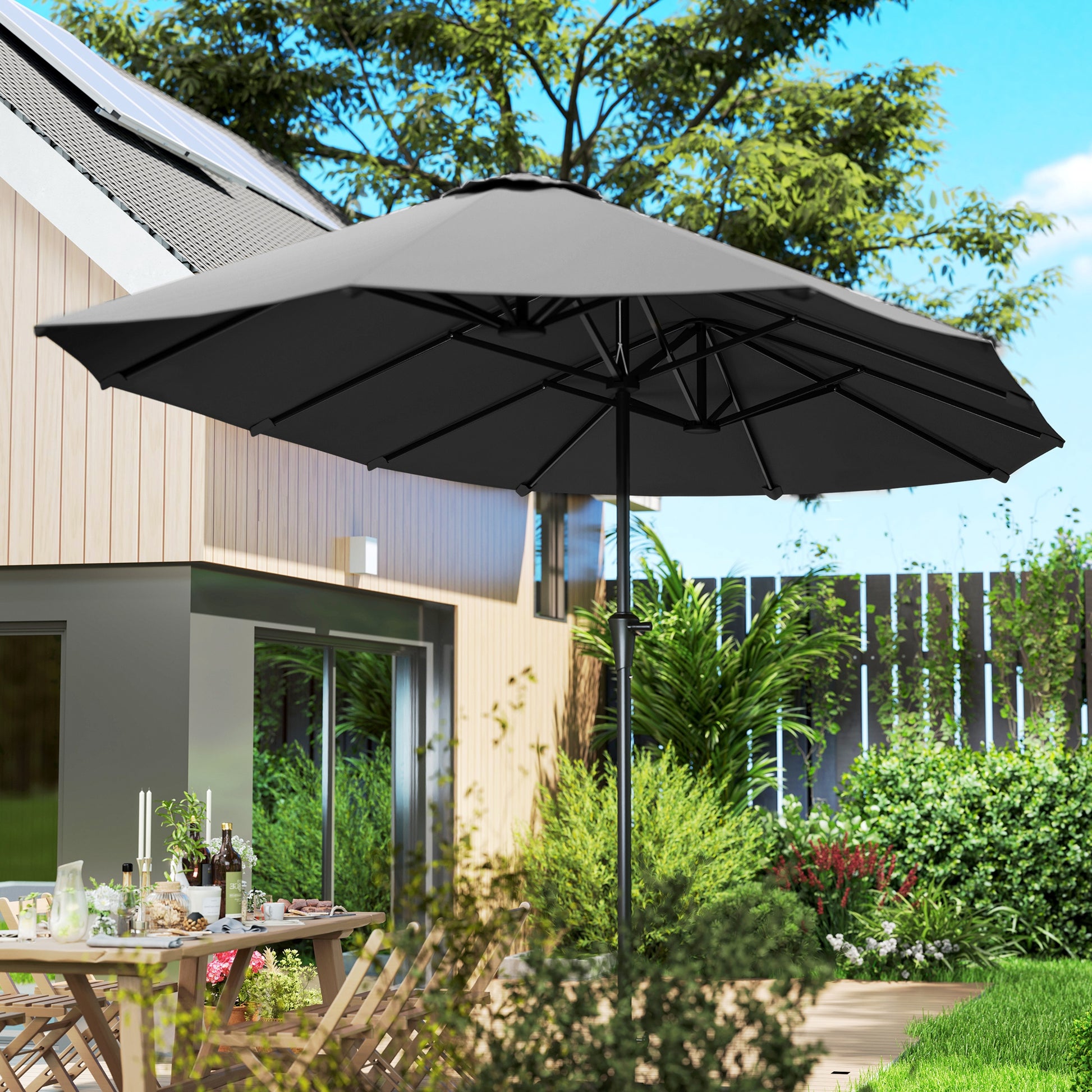 Double Umbrella 4x2.2 m Outdoor Terrace Umbrella with Manual Crank Waterproof and UV30+ Protection Large Parasol for Terrace Beach Pool Dark Gray