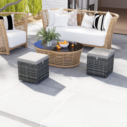 Set of 2 Stools with PE Rattan Storage Space, Garden Footrest with Removable Cushions, Pouf 40 x 40 x 41 cm, Light Gray