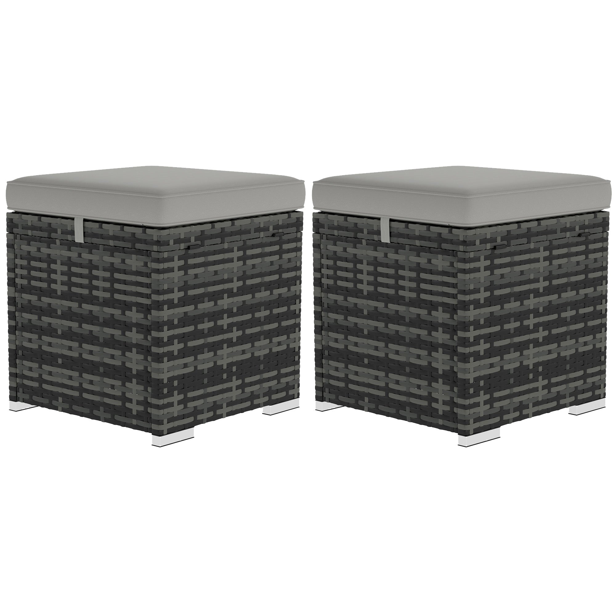 Set of 2 Stools with PE Rattan Storage Space, Garden Footrest with Removable Cushions, Pouf 40 x 40 x 41 cm, Light Gray