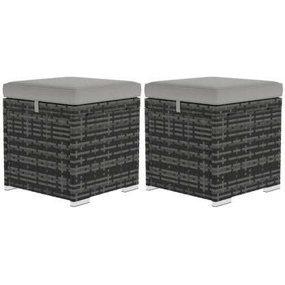 Set of 2 Stools with PE Rattan Storage Space, Garden Footrest with Removable Cushions, Pouf 40 x 40 x 41 cm, Light Gray