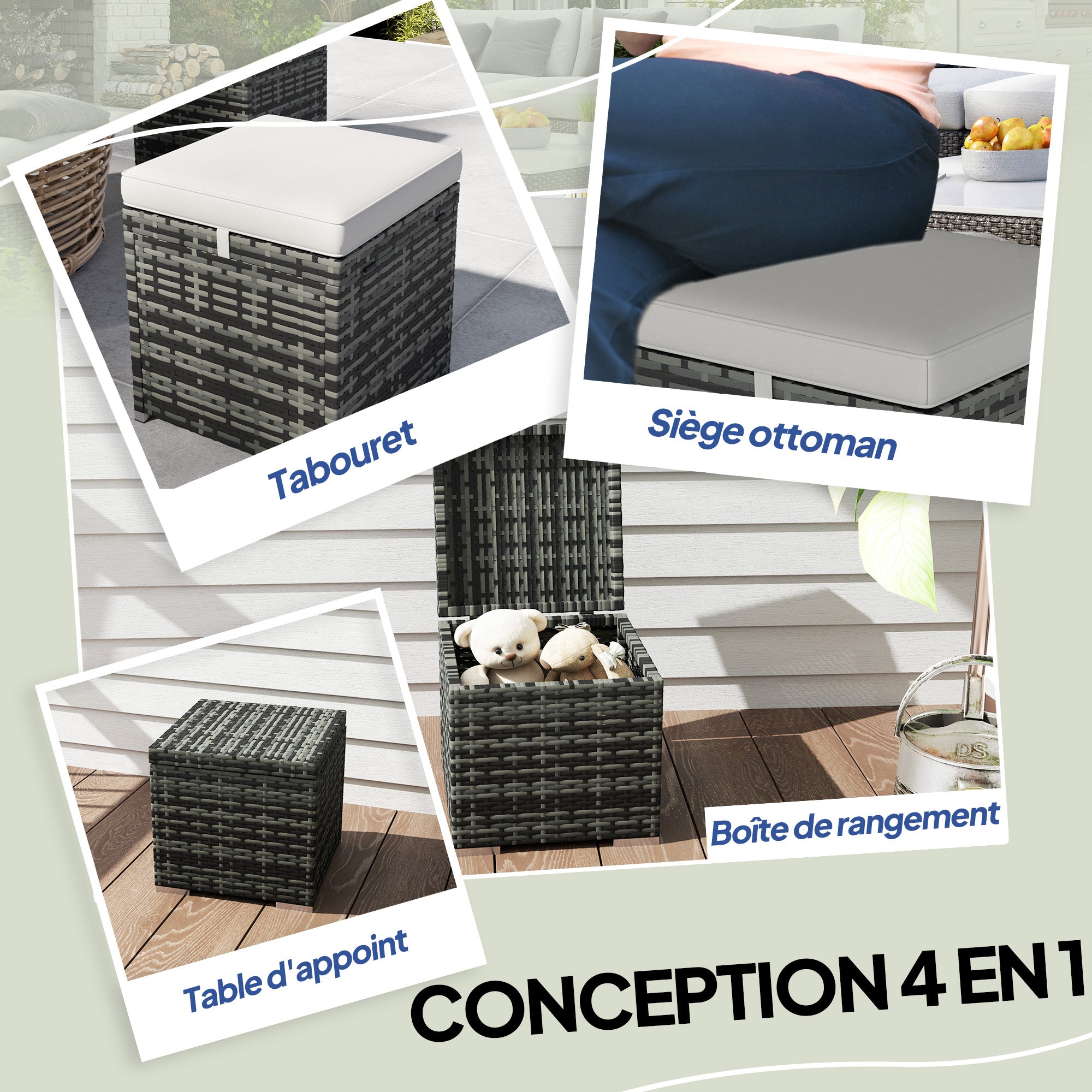 Set of 2 Stools with PE Rattan Storage Space, Garden Footrest with Removable Cushions, Pouf 40 x 40 x 41 cm, Light Gray