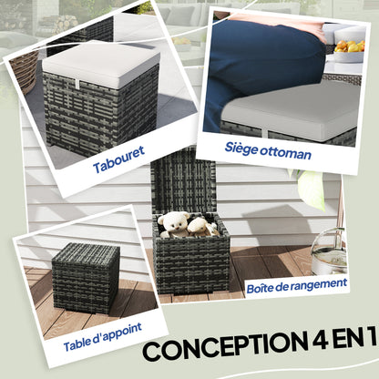 Set of 2 Stools with PE Rattan Storage Space, Garden Footrest with Removable Cushions, Pouf 40 x 40 x 41 cm, Light Gray