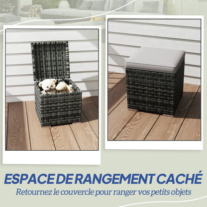 Set of 2 Stools with PE Rattan Storage Space, Garden Footrest with Removable Cushions, Pouf 40 x 40 x 41 cm, Light Gray