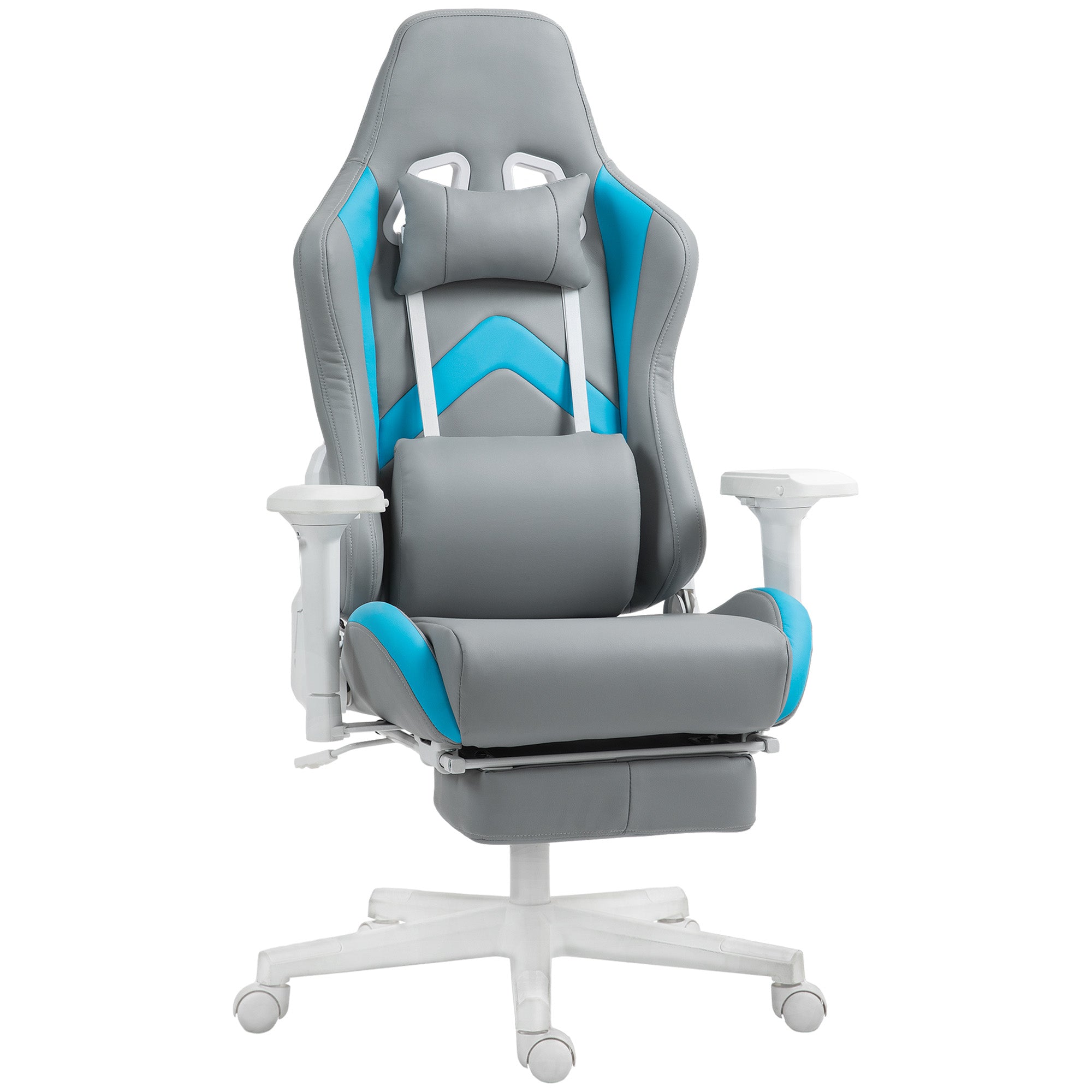 Gaming Chair Gamer Recliner with Adjustable Height Retractable Footrest Lumbar Support and Removable Headrest Office Study Chair Light Gray and Blue