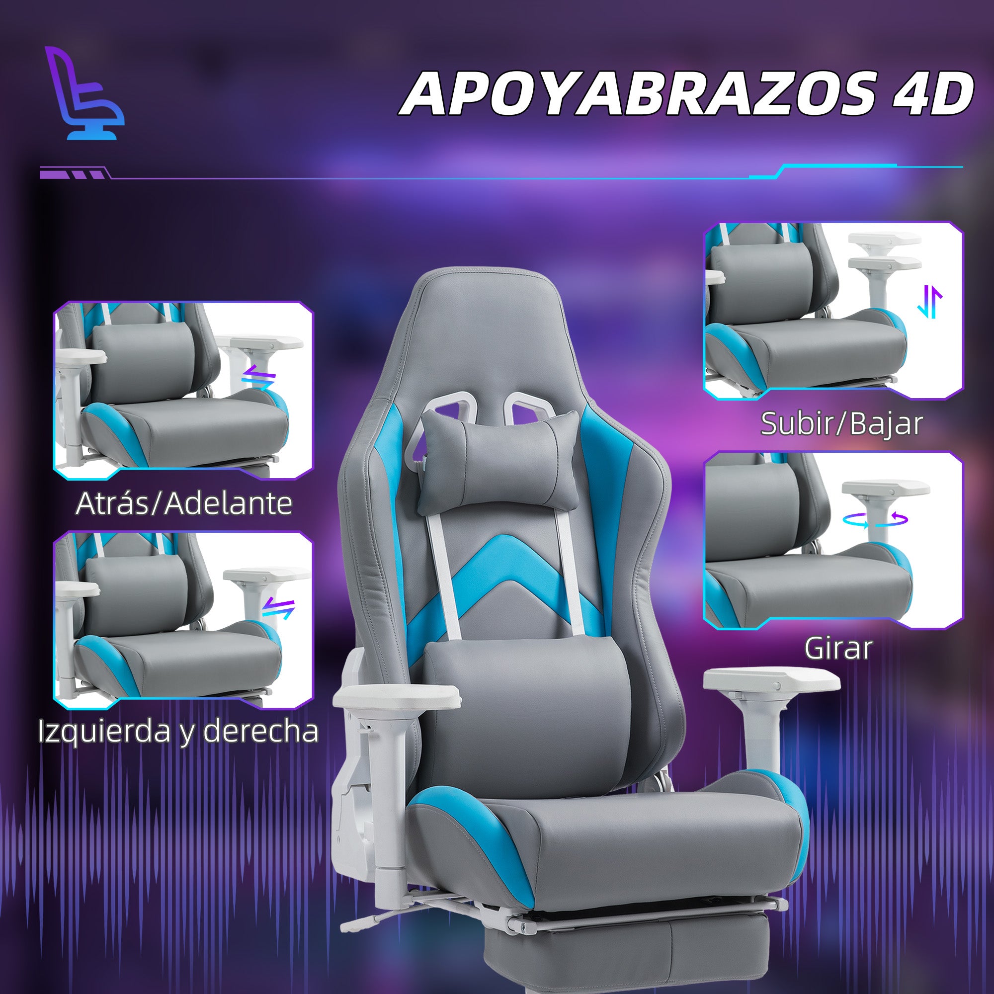 Gaming Chair Gamer Recliner with Adjustable Height Retractable Footrest Lumbar Support and Removable Headrest Office Study Chair Light Gray and Blue