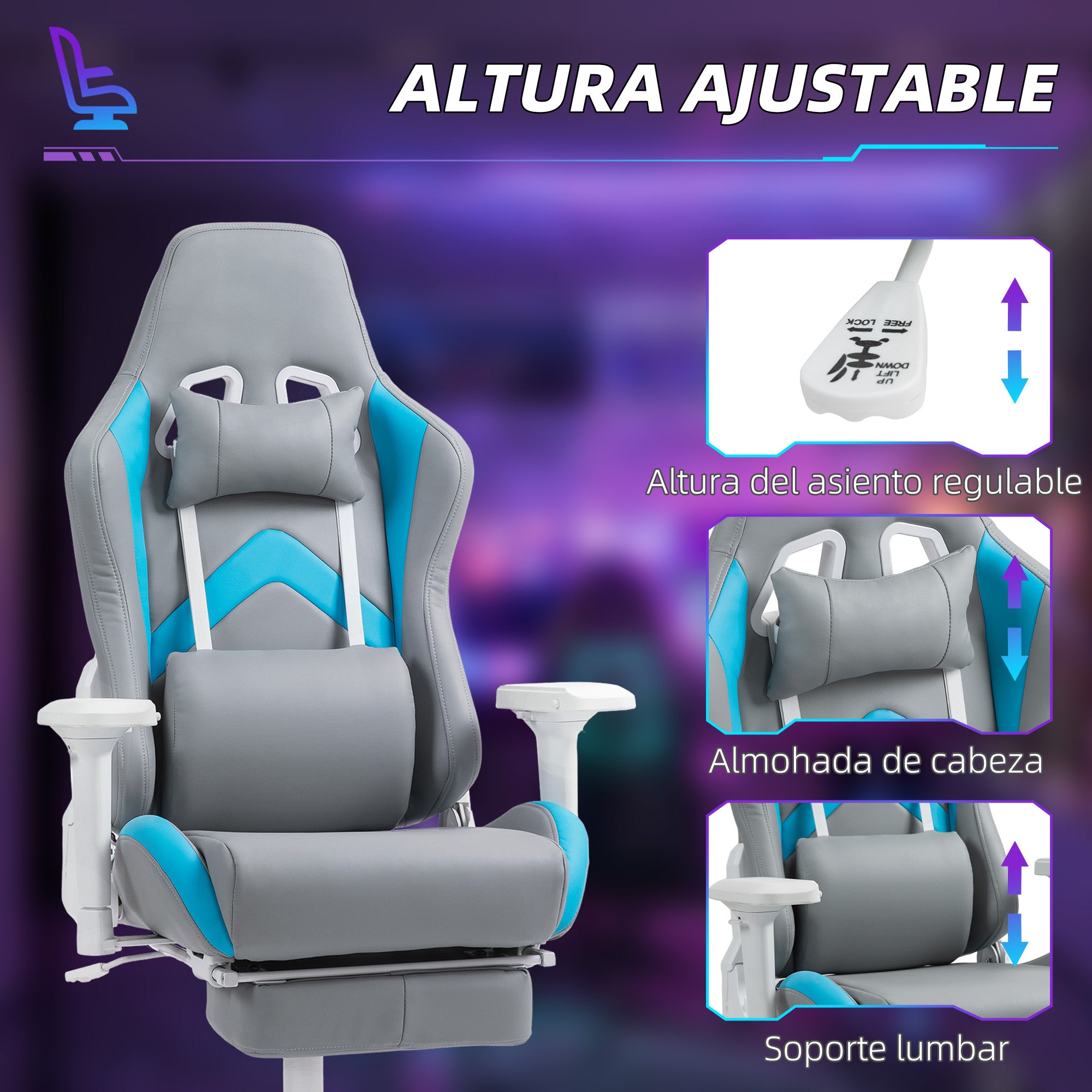 Gaming Chair Gamer Recliner with Adjustable Height Retractable Footrest Lumbar Support and Removable Headrest Office Study Chair Light Gray and Blue