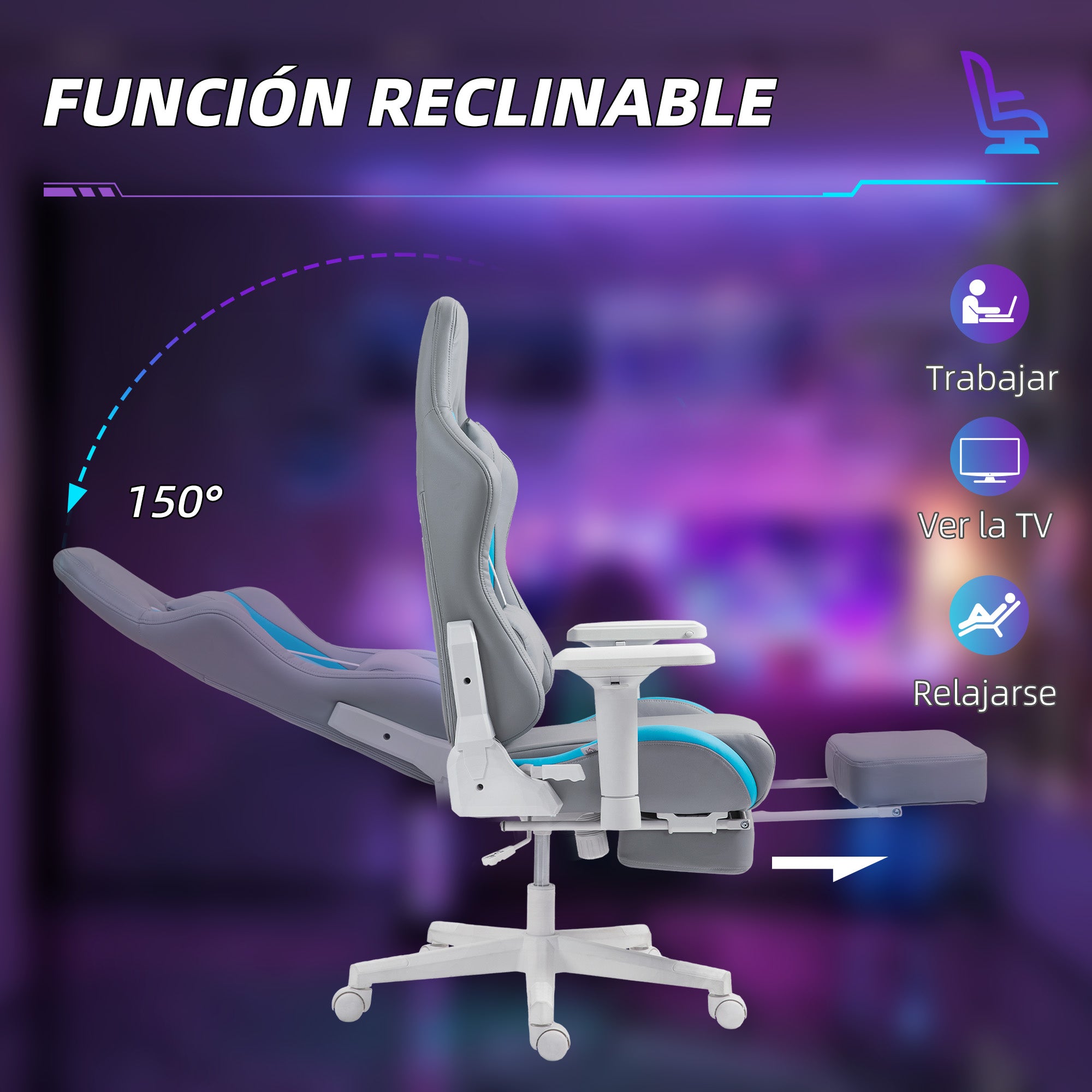Gaming Chair Gamer Recliner with Adjustable Height Retractable Footrest Lumbar Support and Removable Headrest Office Study Chair Light Gray and Blue