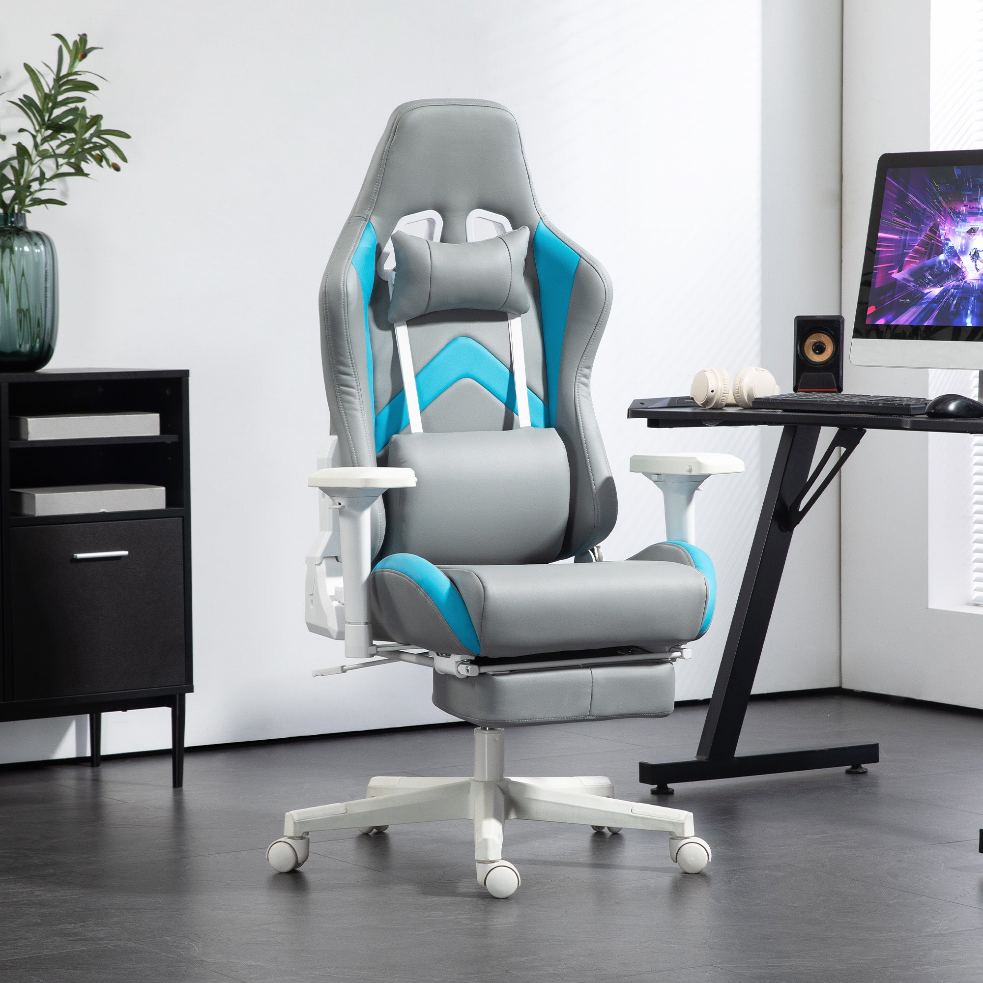 Gaming Chair Gamer Recliner with Adjustable Height Retractable Footrest Lumbar Support and Removable Headrest Office Study Chair Light Gray and Blue