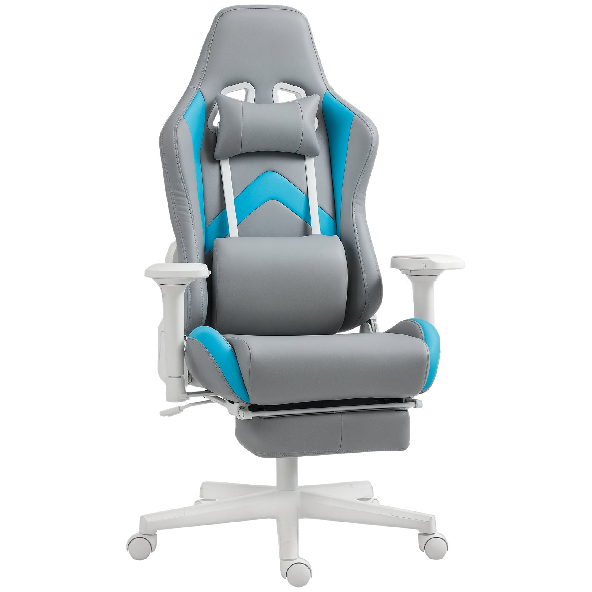 Gaming Chair Gamer Recliner with Adjustable Height Retractable Footrest Lumbar Support and Removable Headrest Office Study Chair Light Gray and Blue