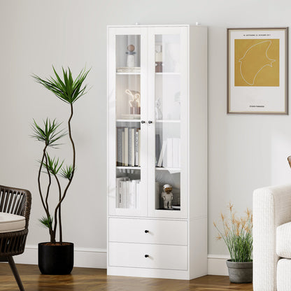 Multi-Purpose Kitchen Sideboard with Cabinet and 2 Drawers, Living Room and Lounge Furniture with Soft-Close Glass Doors and Adjustable Shelves, 59x30x164 cm, White