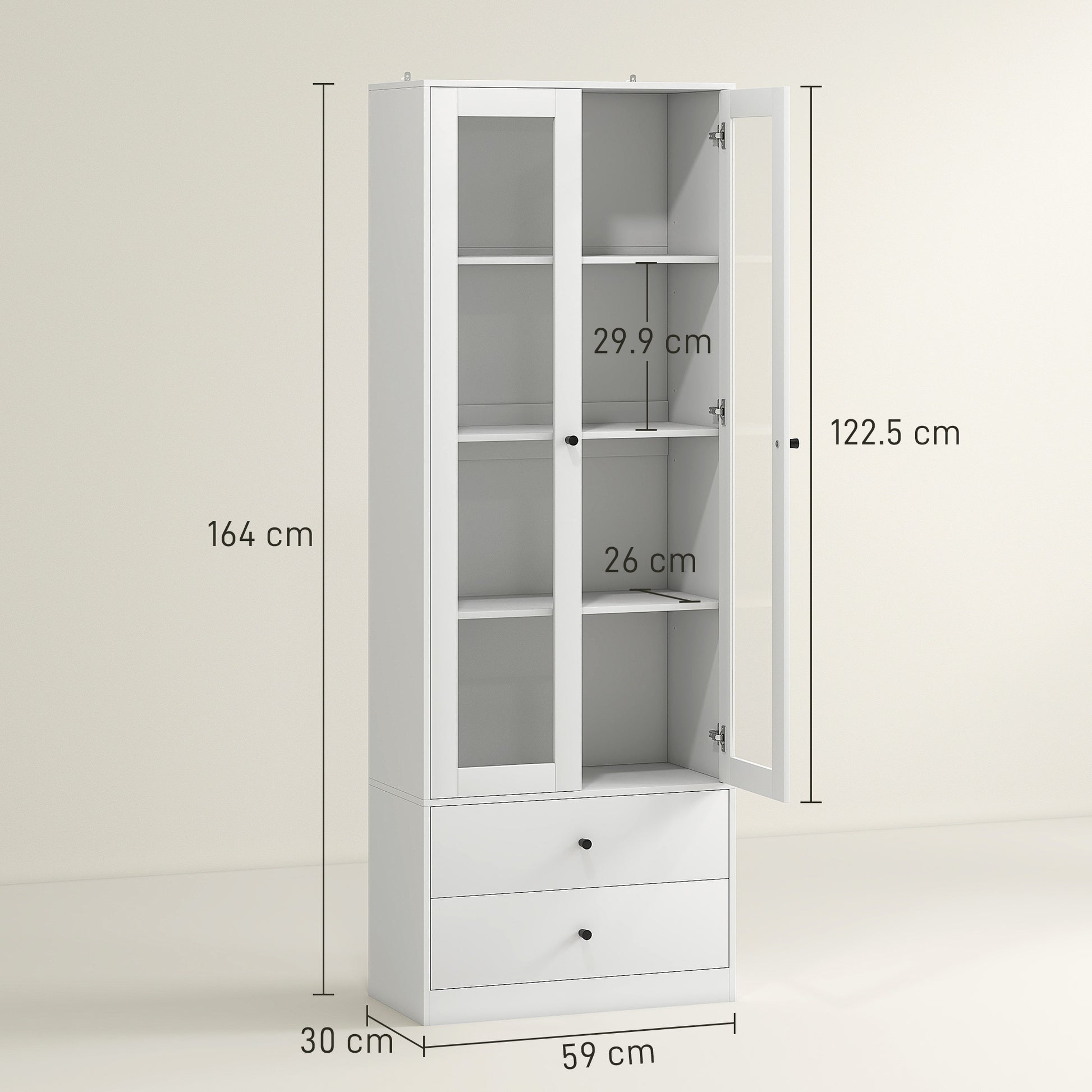Multi-Purpose Kitchen Sideboard with Cabinet and 2 Drawers, Living Room and Lounge Furniture with Soft-Close Glass Doors and Adjustable Shelves, 59x30x164 cm, White