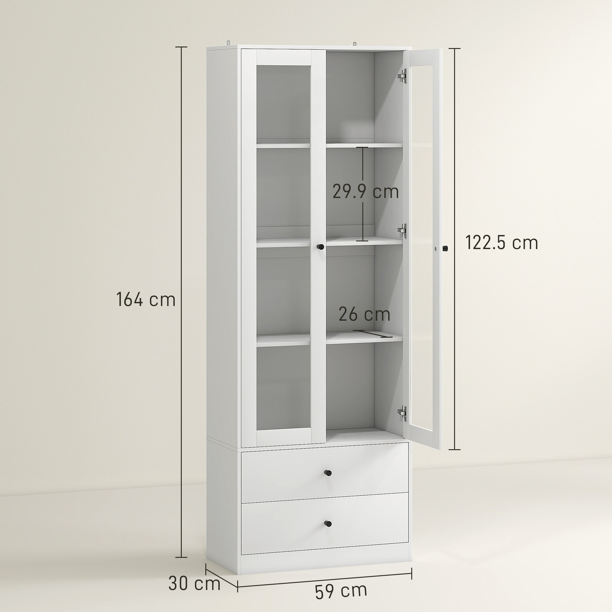 Multi-Purpose Kitchen Sideboard with Cabinet and 2 Drawers, Living Room and Lounge Furniture with Soft-Close Glass Doors and Adjustable Shelves, 59x30x164 cm, White