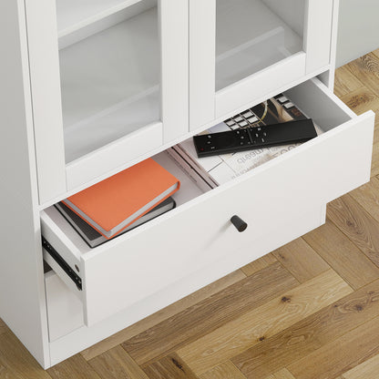 Multi-Purpose Kitchen Sideboard with Cabinet and 2 Drawers, Living Room and Lounge Furniture with Soft-Close Glass Doors and Adjustable Shelves, 59x30x164 cm, White