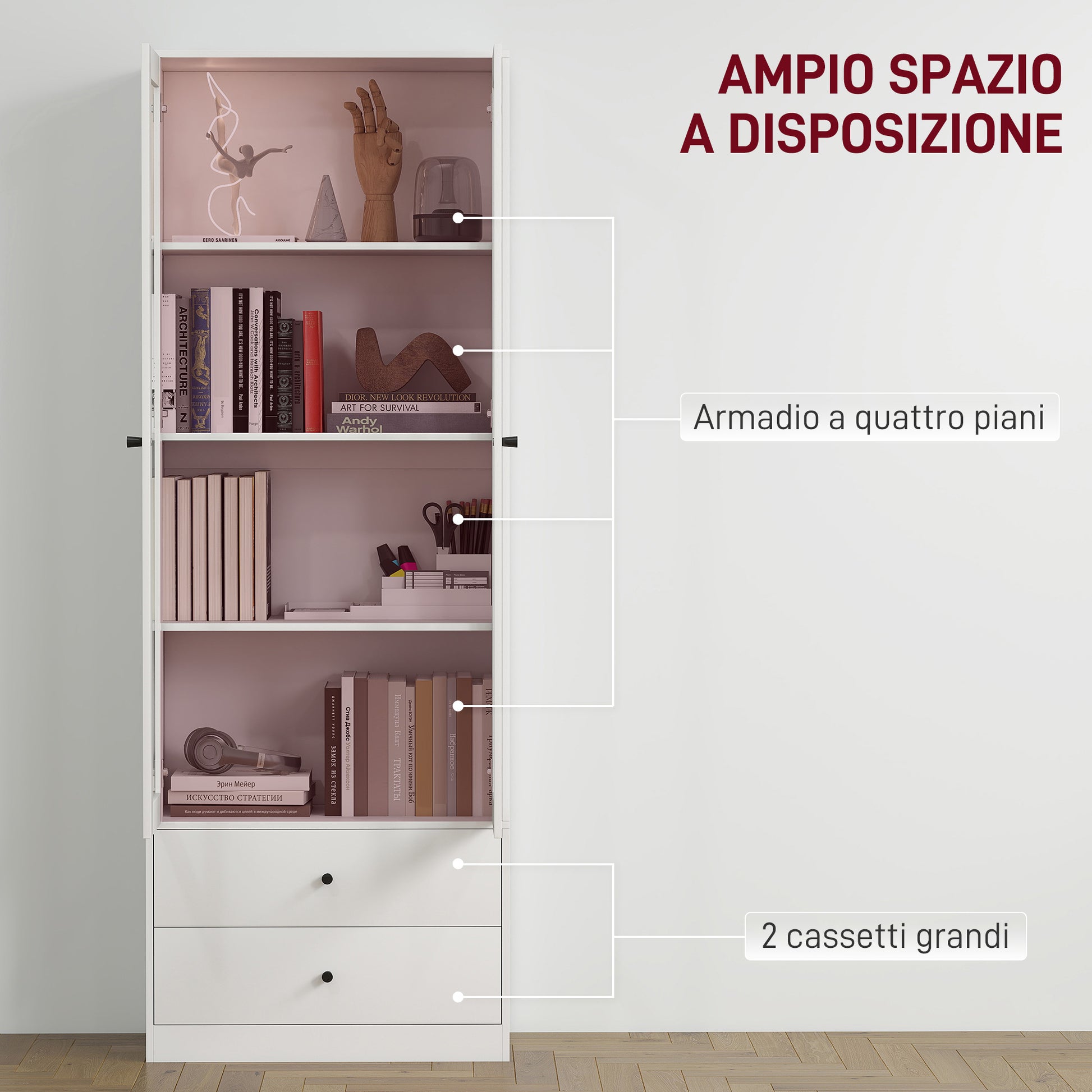 Multi-Purpose Kitchen Sideboard with Cabinet and 2 Drawers, Living Room and Lounge Furniture with Soft-Close Glass Doors and Adjustable Shelves, 59x30x164 cm, White