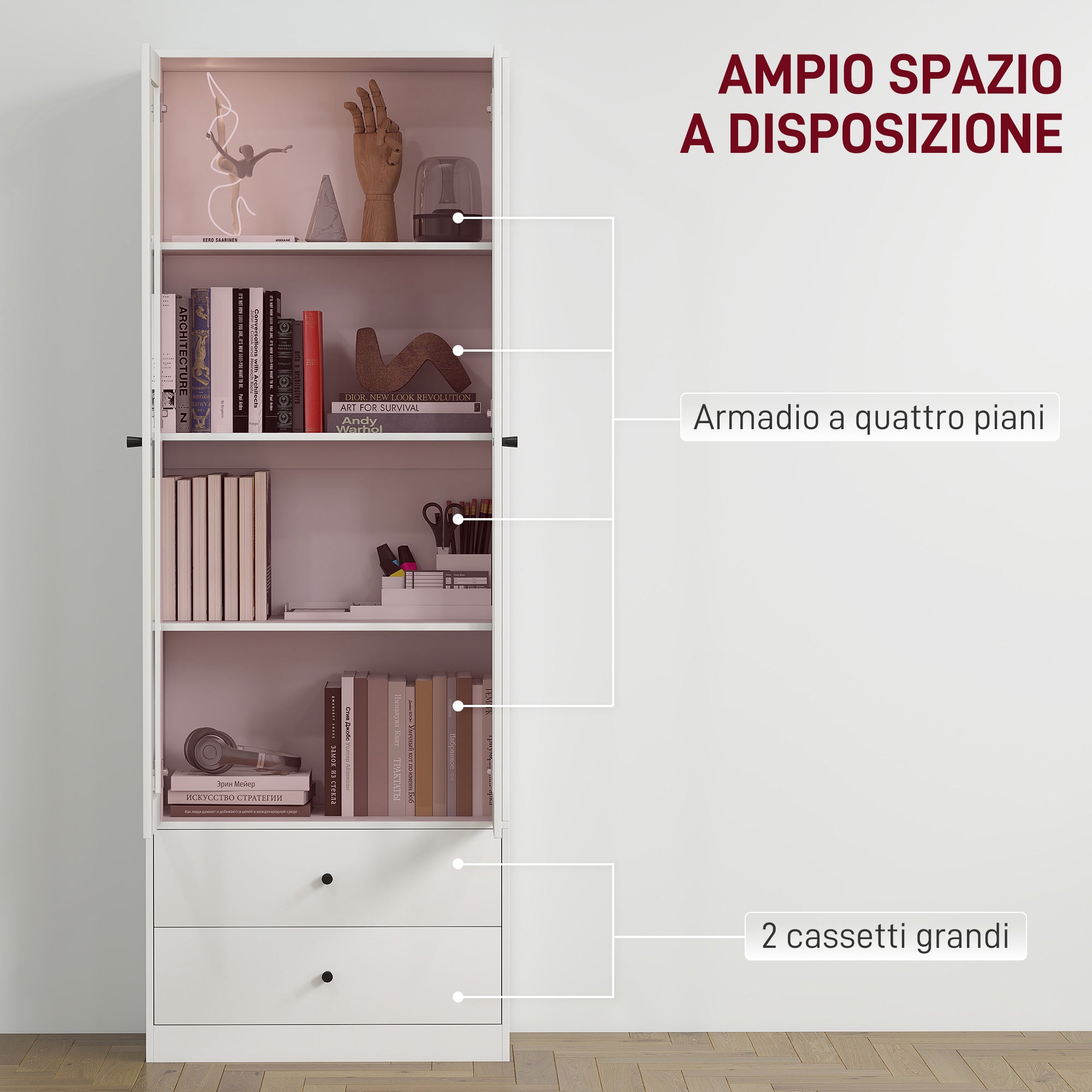 Multi-Purpose Kitchen Sideboard with Cabinet and 2 Drawers, Living Room and Lounge Furniture with Soft-Close Glass Doors and Adjustable Shelves, 59x30x164 cm, White