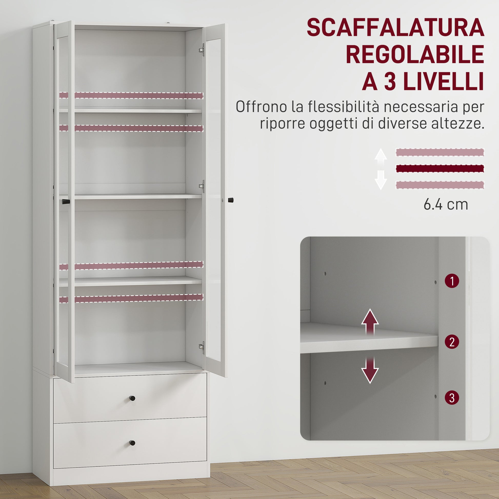Multi-Purpose Kitchen Sideboard with Cabinet and 2 Drawers, Living Room and Lounge Furniture with Soft-Close Glass Doors and Adjustable Shelves, 59x30x164 cm, White