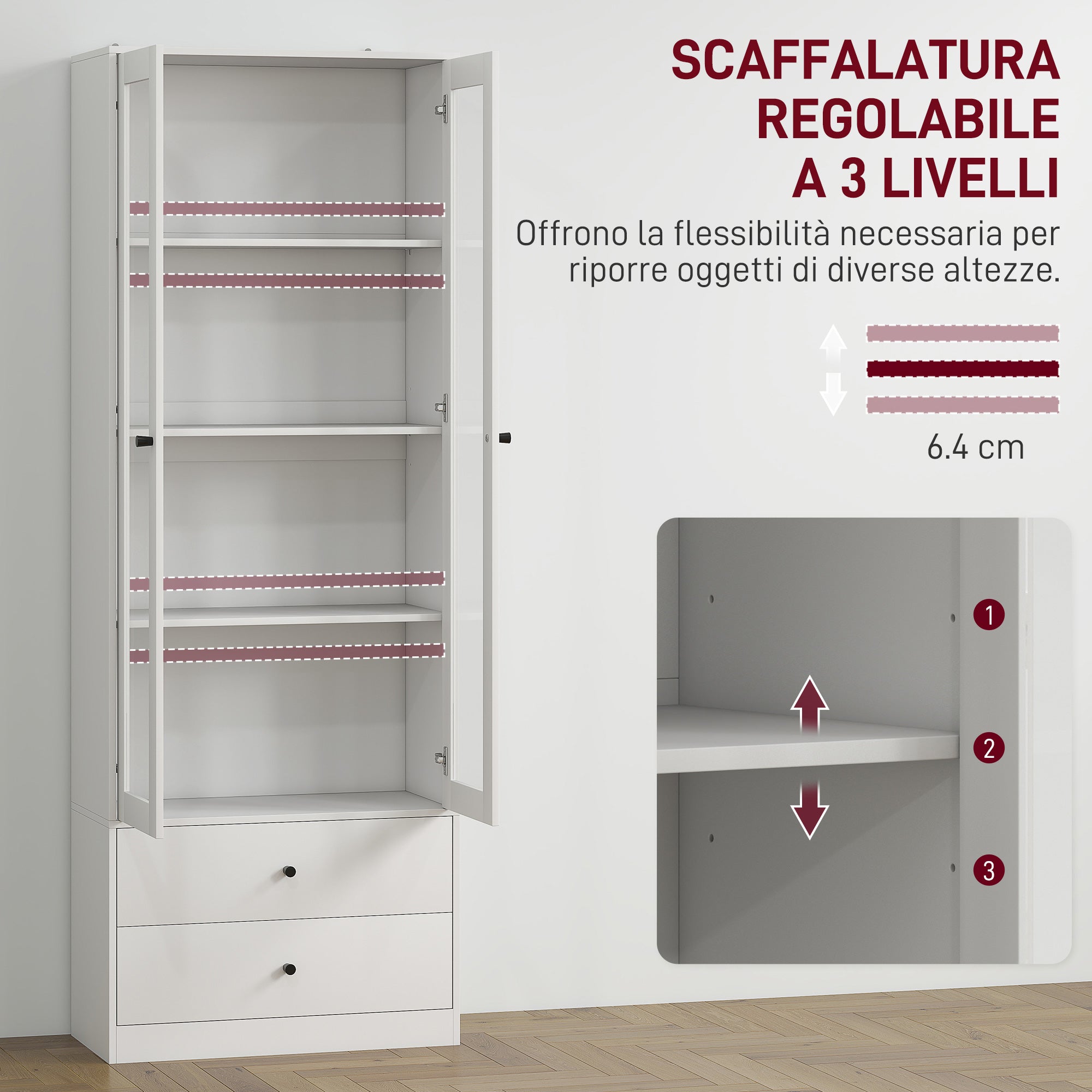 Multi-Purpose Kitchen Sideboard with Cabinet and 2 Drawers, Living Room and Lounge Furniture with Soft-Close Glass Doors and Adjustable Shelves, 59x30x164 cm, White